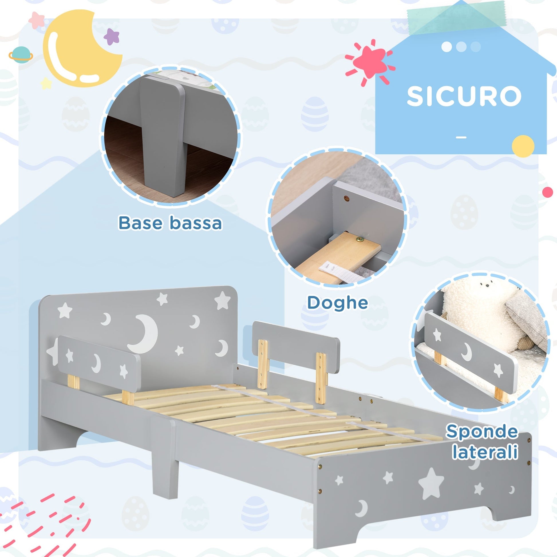 Bed for Kids 3-6 years with Stars and Moon | 143x76x49 cm - Borgè