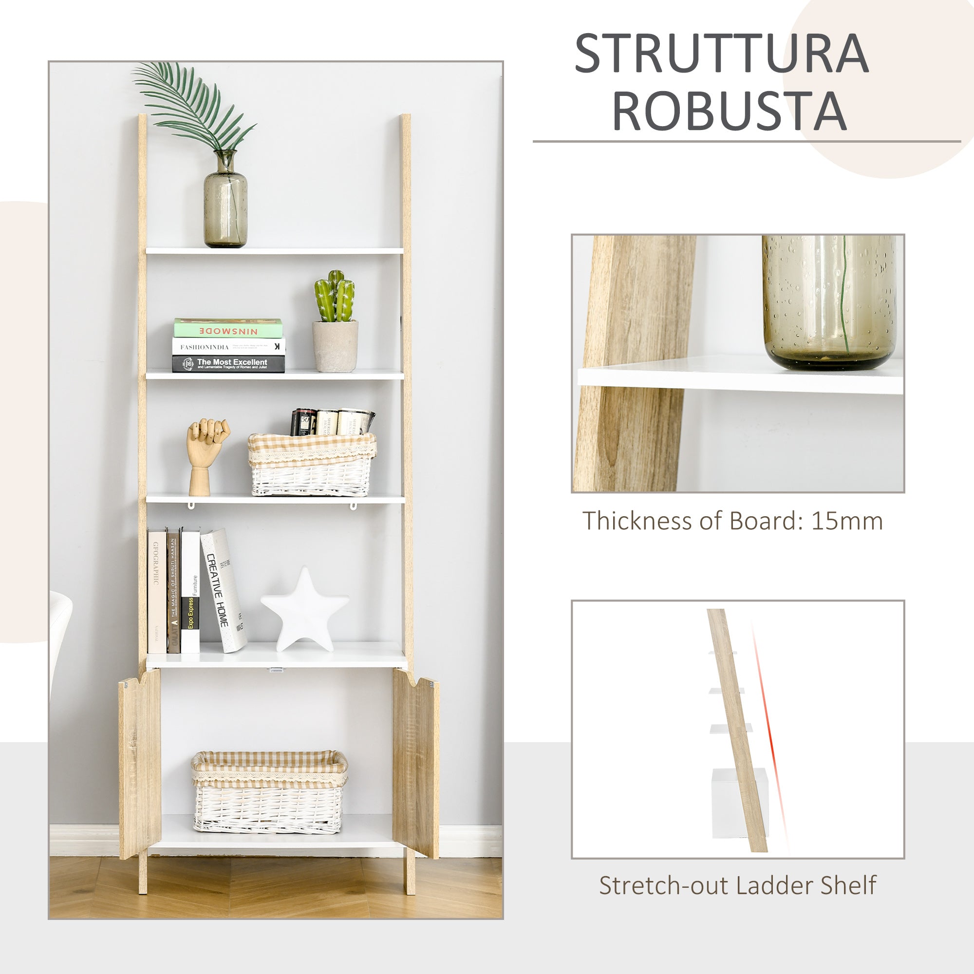 Mobile Library in Scala with 3 shelves and locker, modern Nordic wooden style shelf, 60x40x171cm, oak and white - Borgè