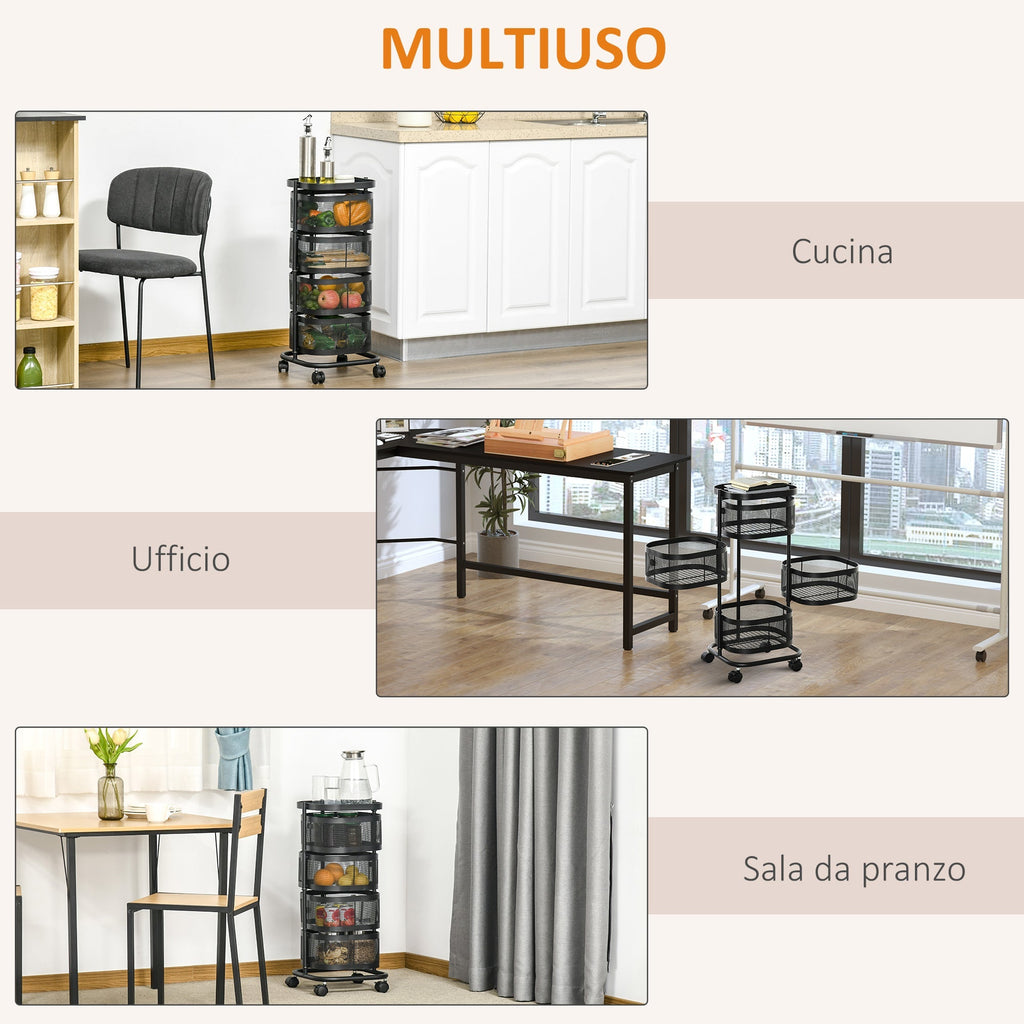 Trolley spouses with 4 baskets, support top and wheels, in steel and pp, 33x33x77 cm - Borgè