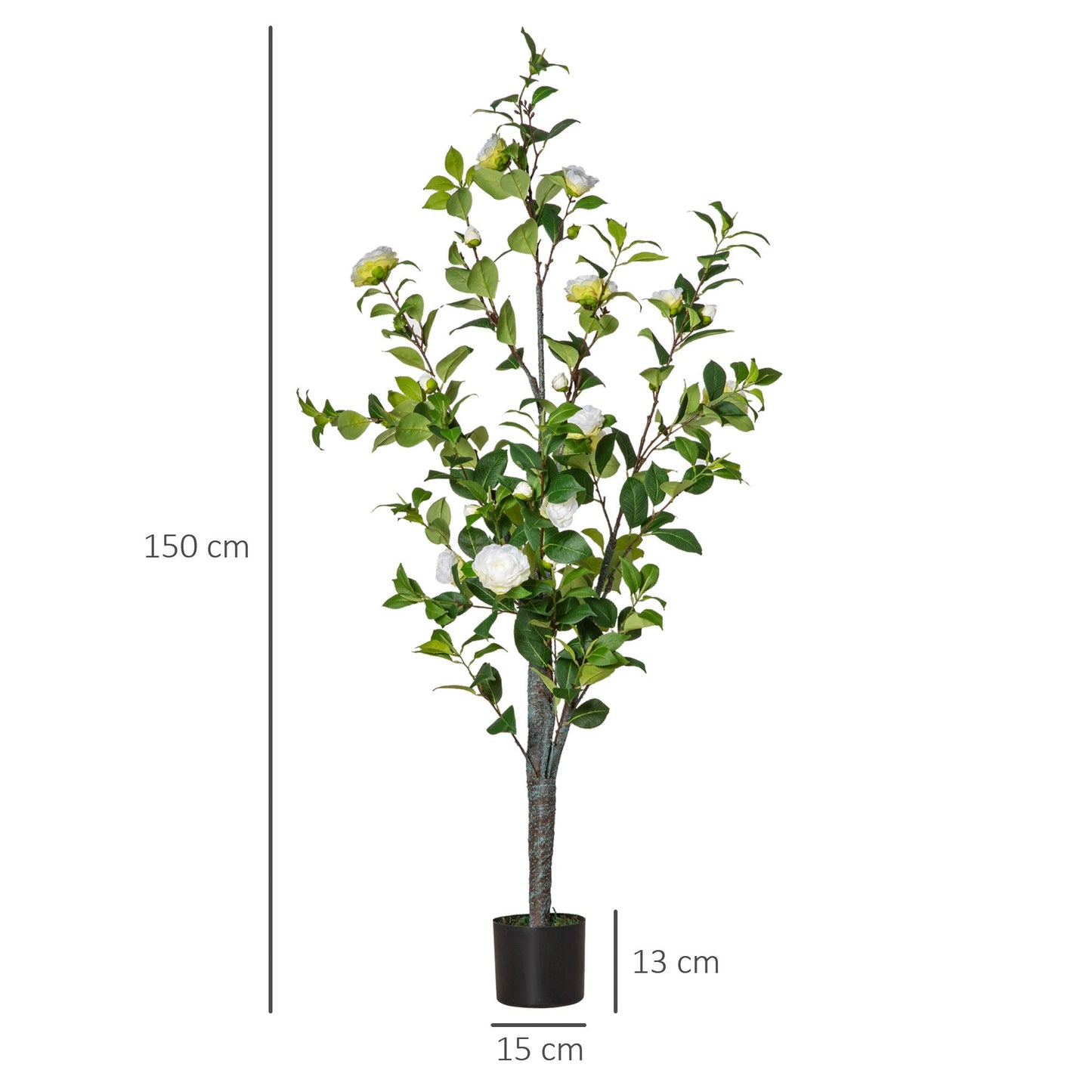 Fake Camelia tree plant with vase and 25 flowers for interior and outdoor, height 150cm - green/white - Borgè