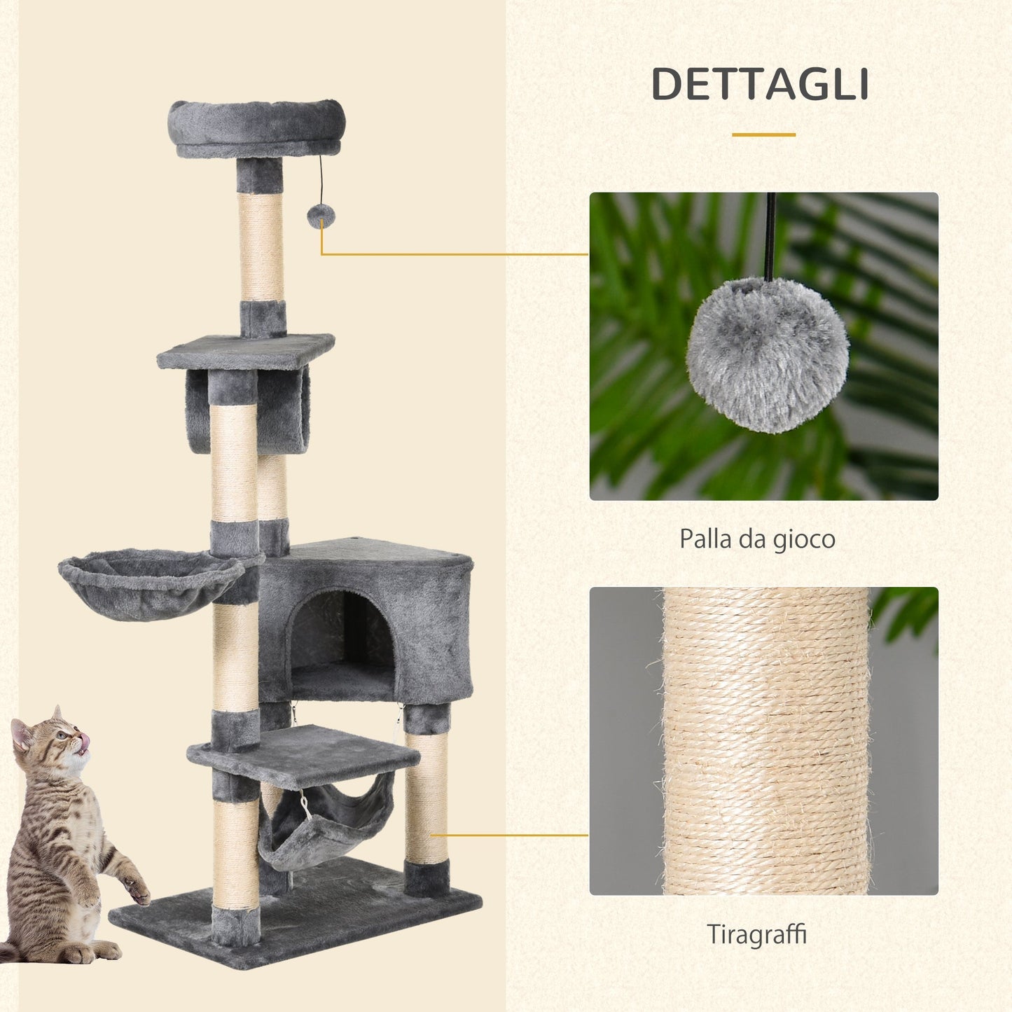 Cat Tree for cats with Scratch Pole, hammock, suspended beds and poles in sisal rope, Grey, 60x40x154cm