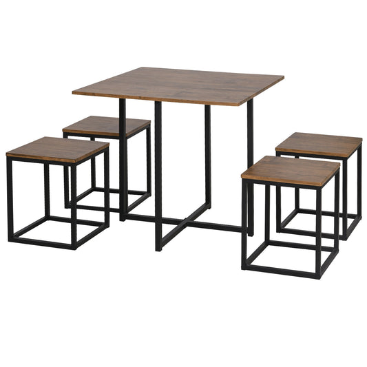 Set 5 pieces Table bar with industrial style stools for kitchen, house or restaurant, black and wooden color - Borgè