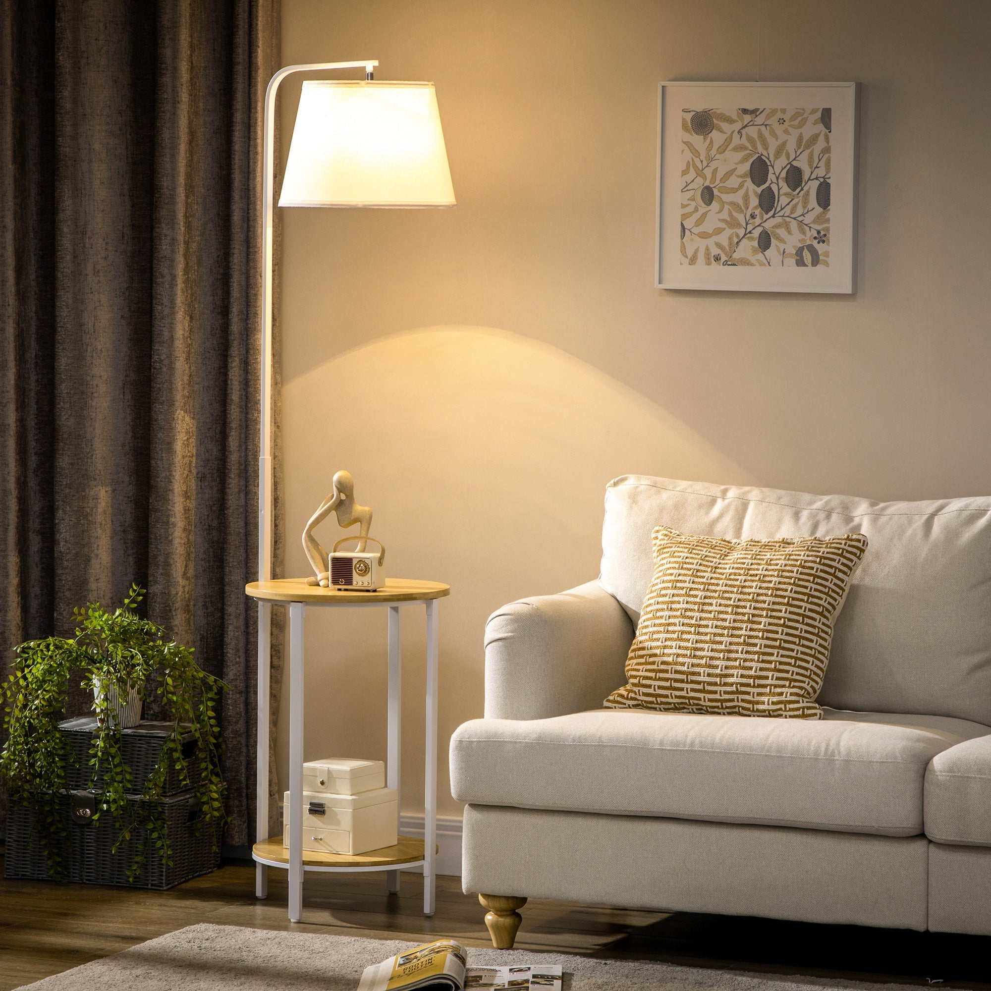 Modern Earth lamp with 2 levels table for living room and bedroom, in linen effect fabric, bamboo and steel, Ã˜37x162 cm - Borgè