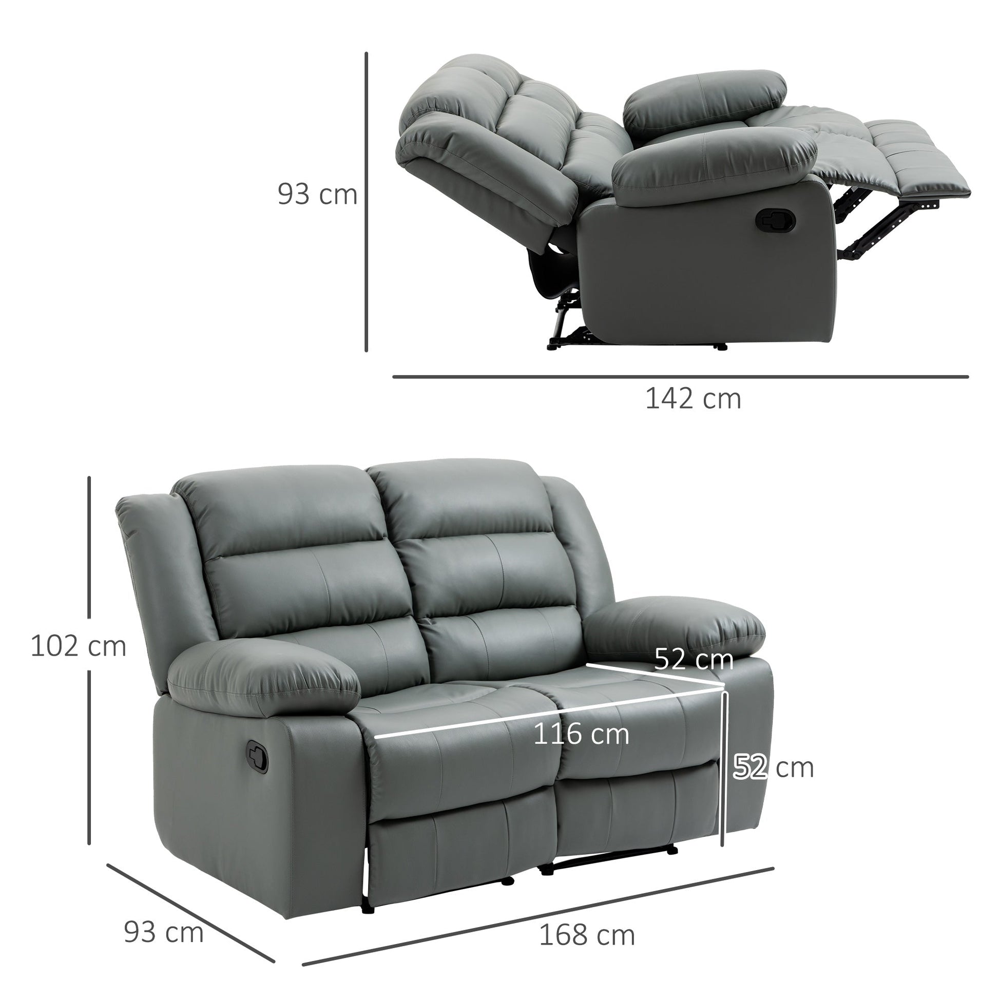 MILLE | Grey 2 Seater Reclining Sofa with padded Cushions | 168x93x102 cm - Borgè