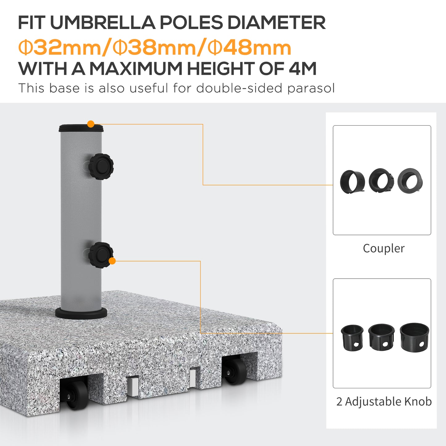 Outsunny base for 28kg granite umbrella with extendable handle and wheels, 41x41x37.5cm, gray - Borgè