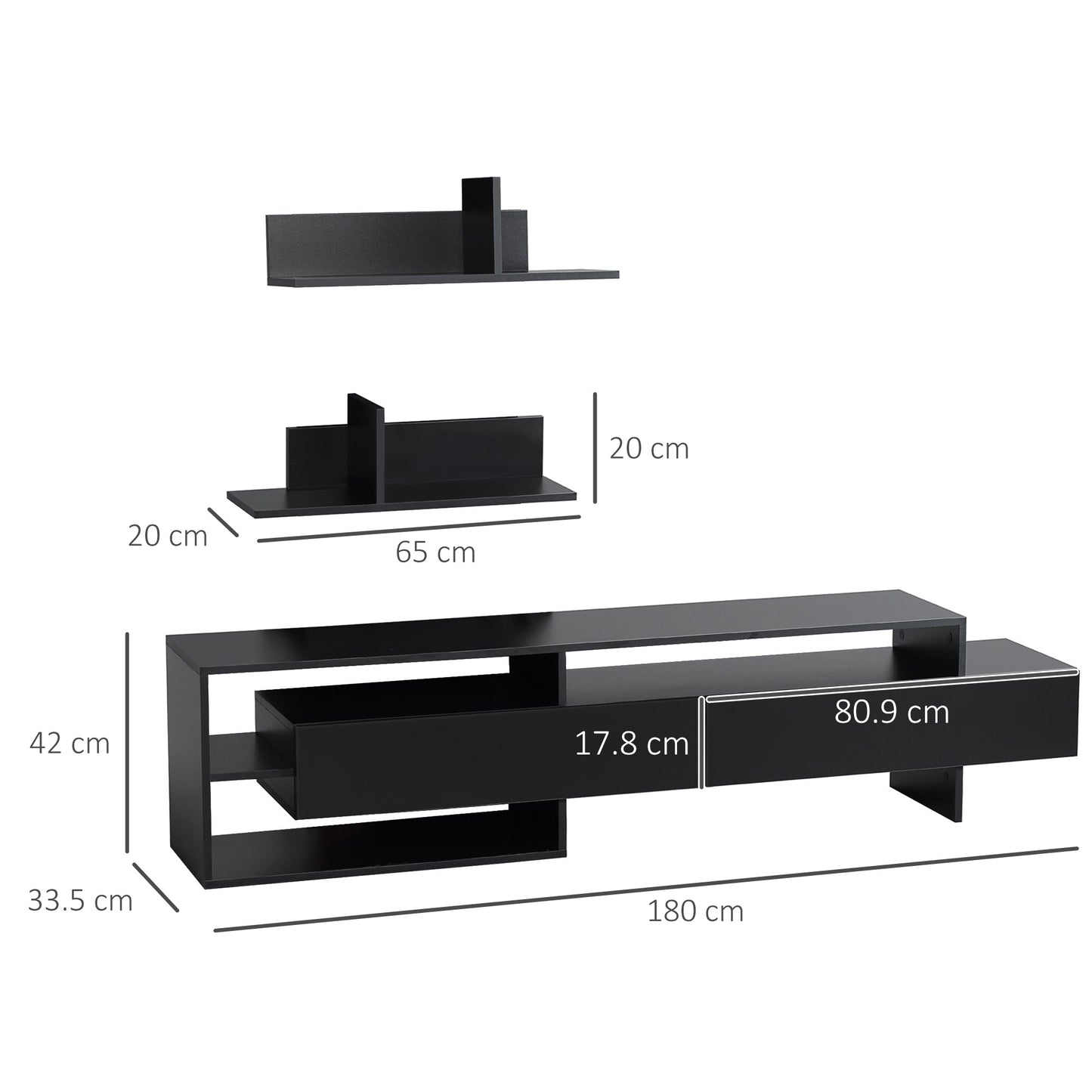 Mobile Modern TV Door with 2 wooden shelves, open rooms and lockers, black - Borgè