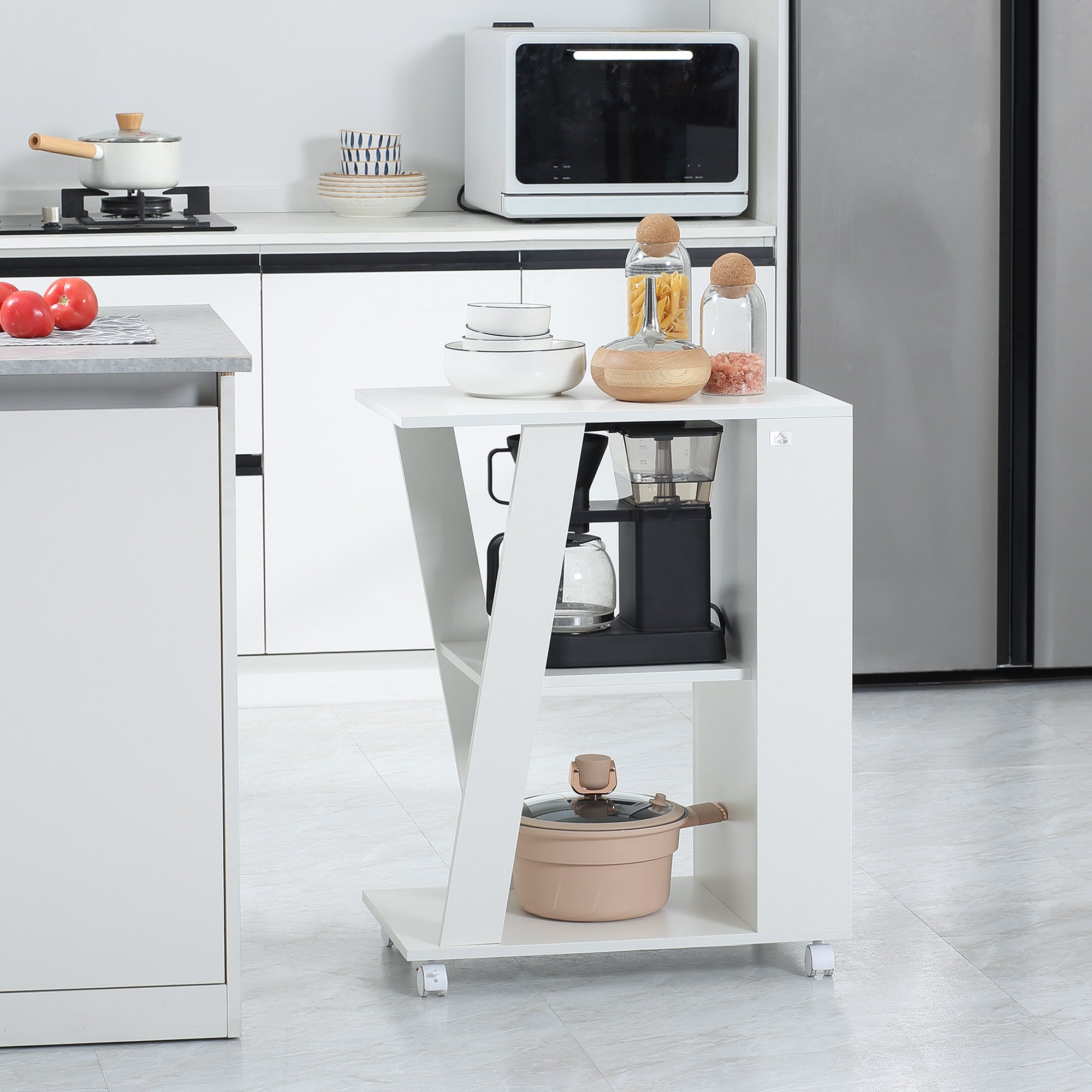 Kitchen Trolley Wooden spirits with 2 shelves and wheels, 60x38x77cm, white - Borgè