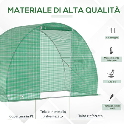 Outsunny tunnel greenhouse with roller shuttle and windows, PE cover and steel structure, 150x300x200cm, green