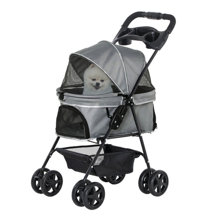 Pawhut Folding dog stroller with safety leash and storage basket, Grey - Borgè