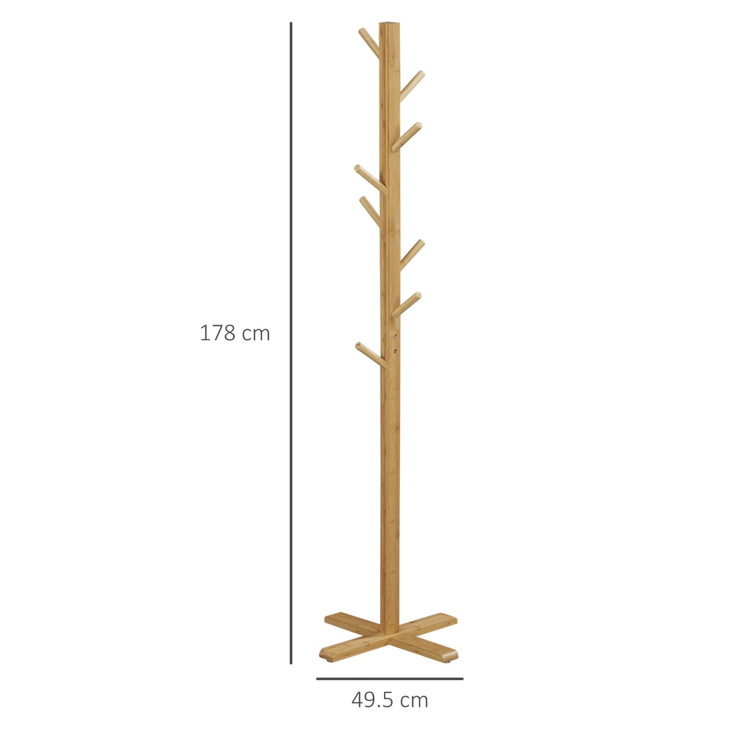 Bamboo Wood Coat Hanger with 8 hooks and base at x | 49.5x 49.5x 178cm - Borgè