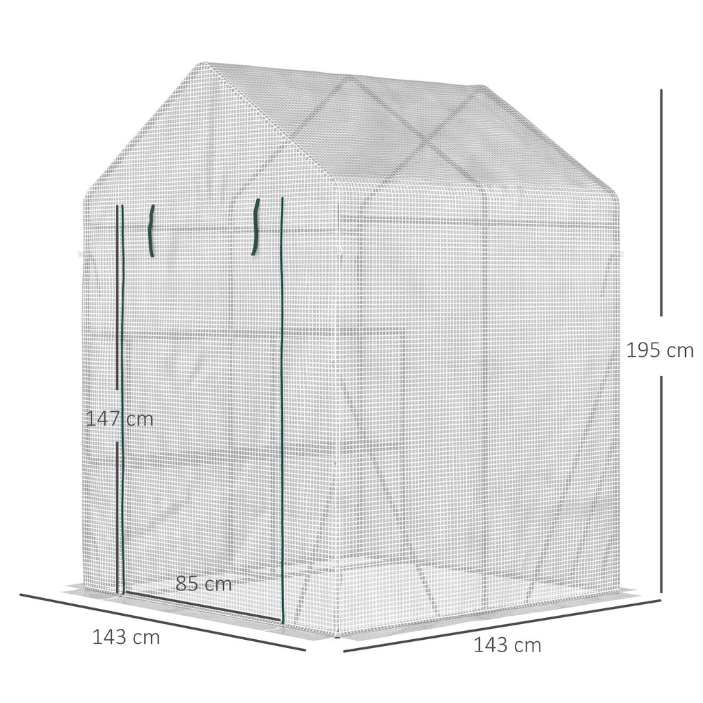 Outdoor Garden Greenhouse in Steel and PE with 2 Shelves and Roller Door, 143x143x195 cm, White - Borge' Group Limited