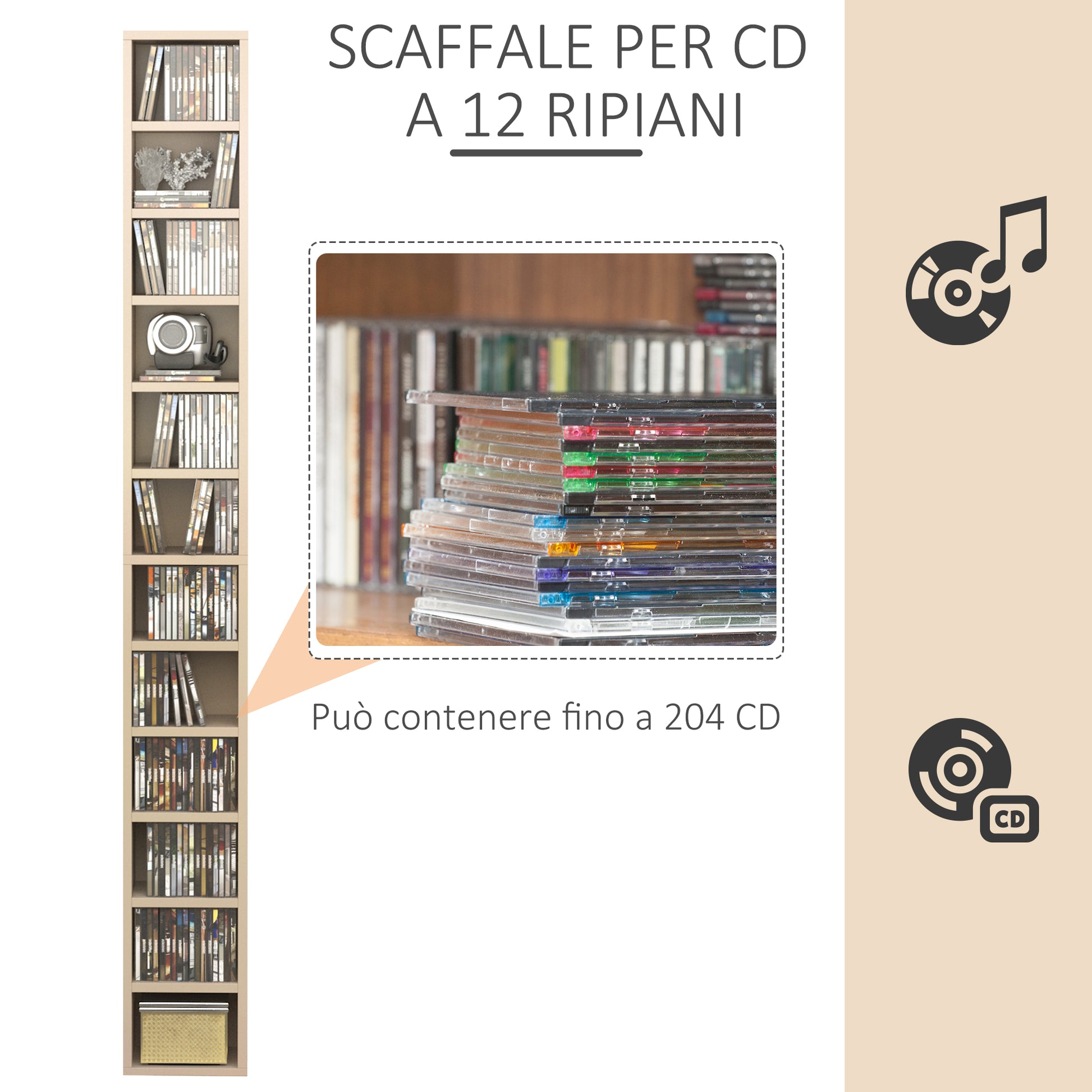 Homcom Mobile Bookcase CD at 12 shelves for 204 CDs, in MDF and chipboard, 21x20x175 cm, wood color - Borgè