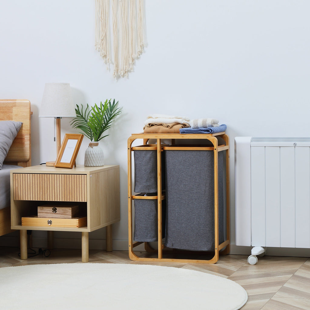 Clothes Laundry Basket with 3 removable compartments in Fabric and Bamboo, 50x32x69.7cm - Borgè