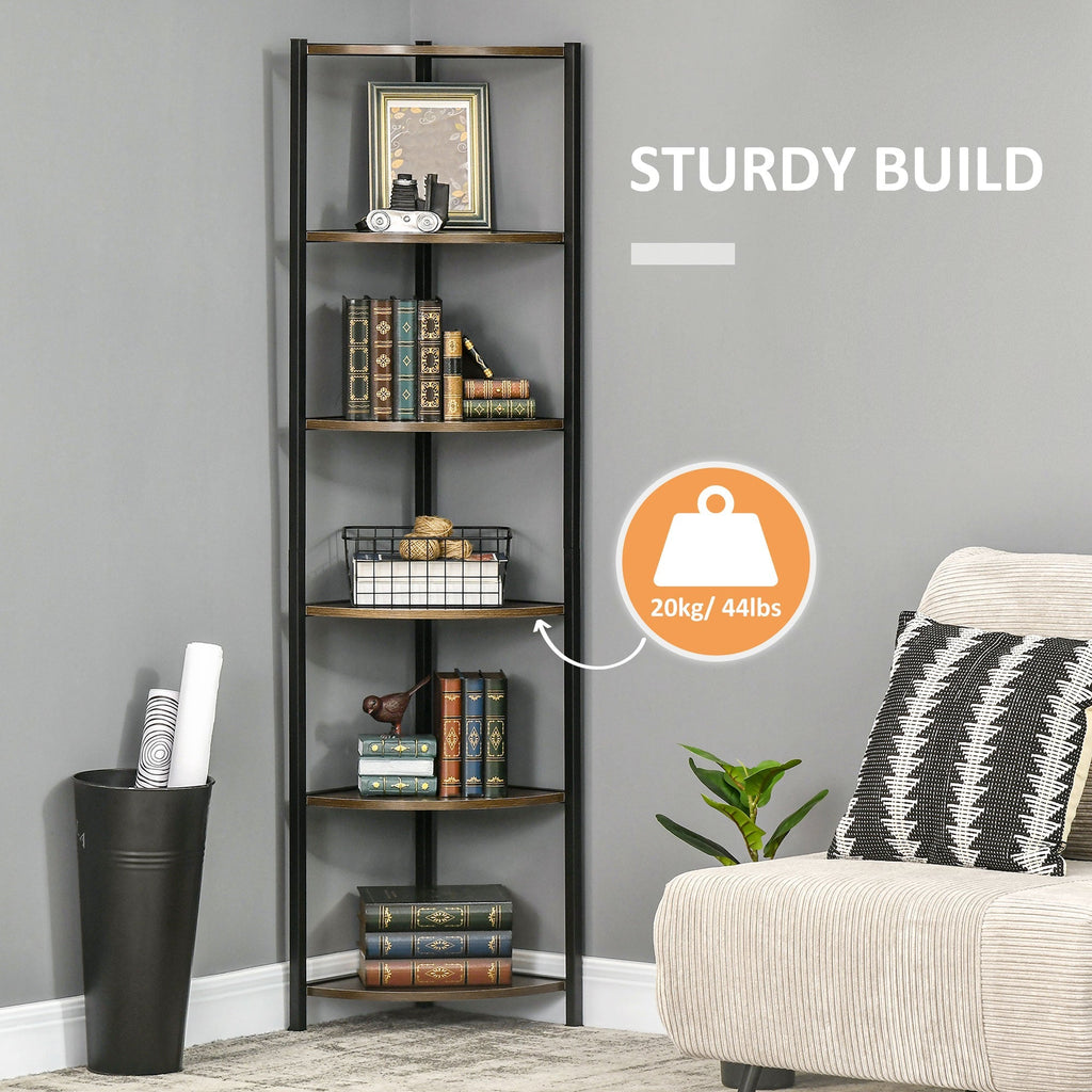 Homonda Modern Angular Bookshop with 6 metal shelves and MDF, 34x34x166cm, brown and black - Borgè