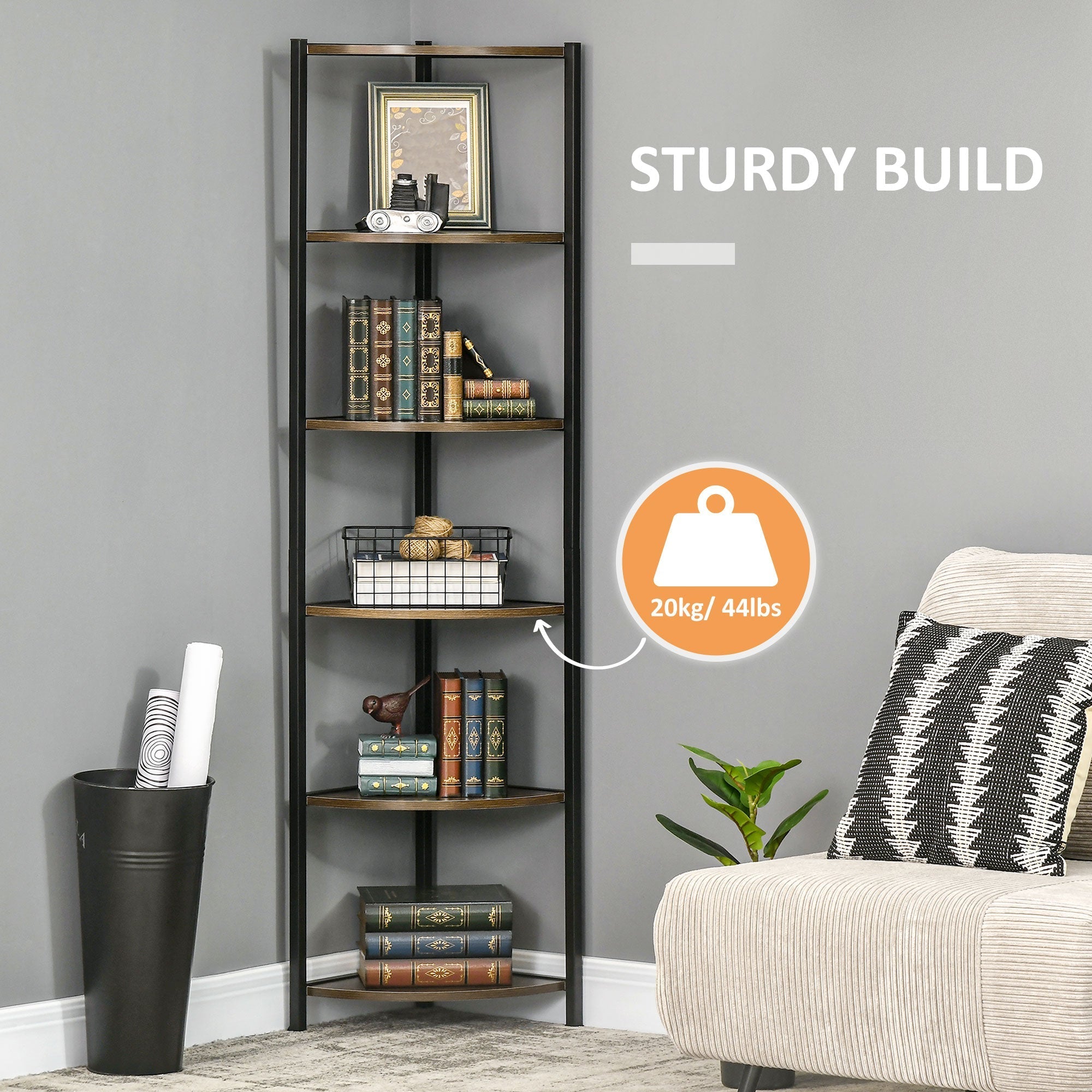 Homonda Modern Angular Bookshop with 6 metal shelves and MDF, 34x34x166cm, brown and black - Borgè