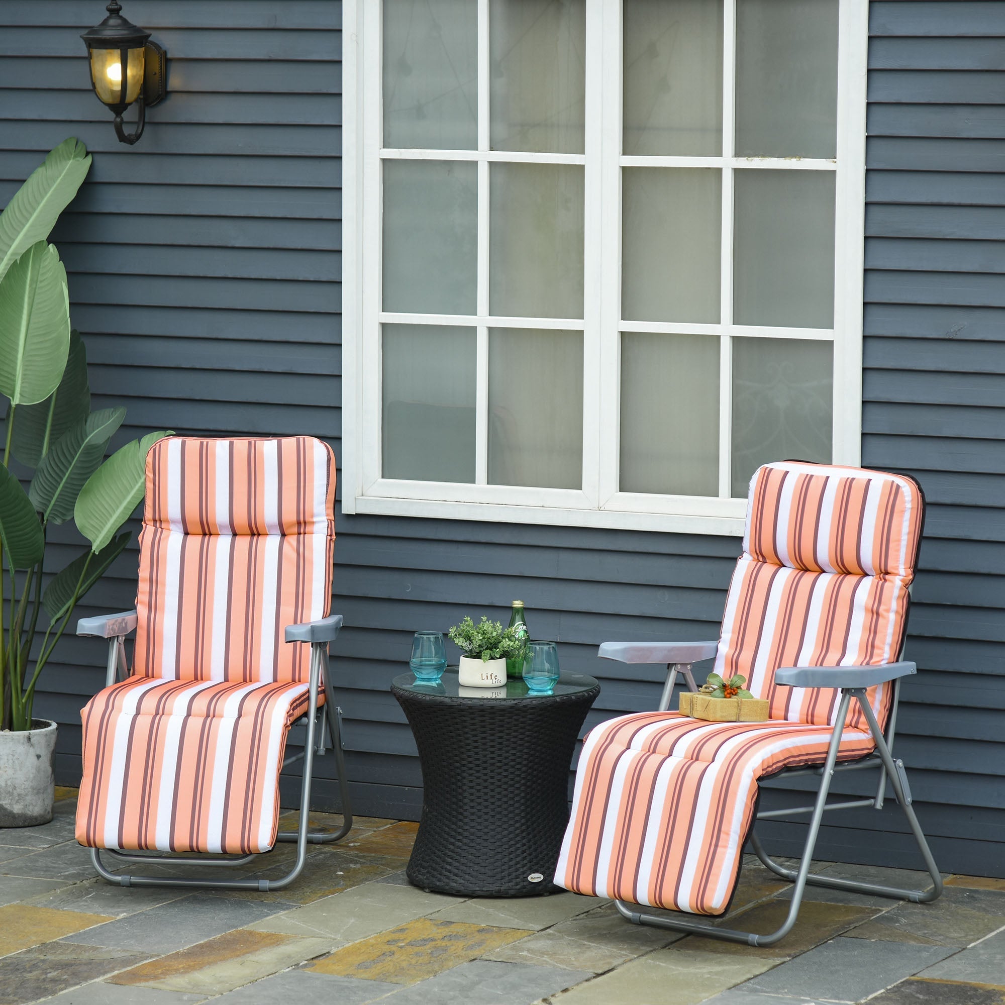 Outdoor Deck Chair Set of 2, 5-Position Reclining with Cushion, 60x75x102cm Grey Orange - Borge' Group Limited