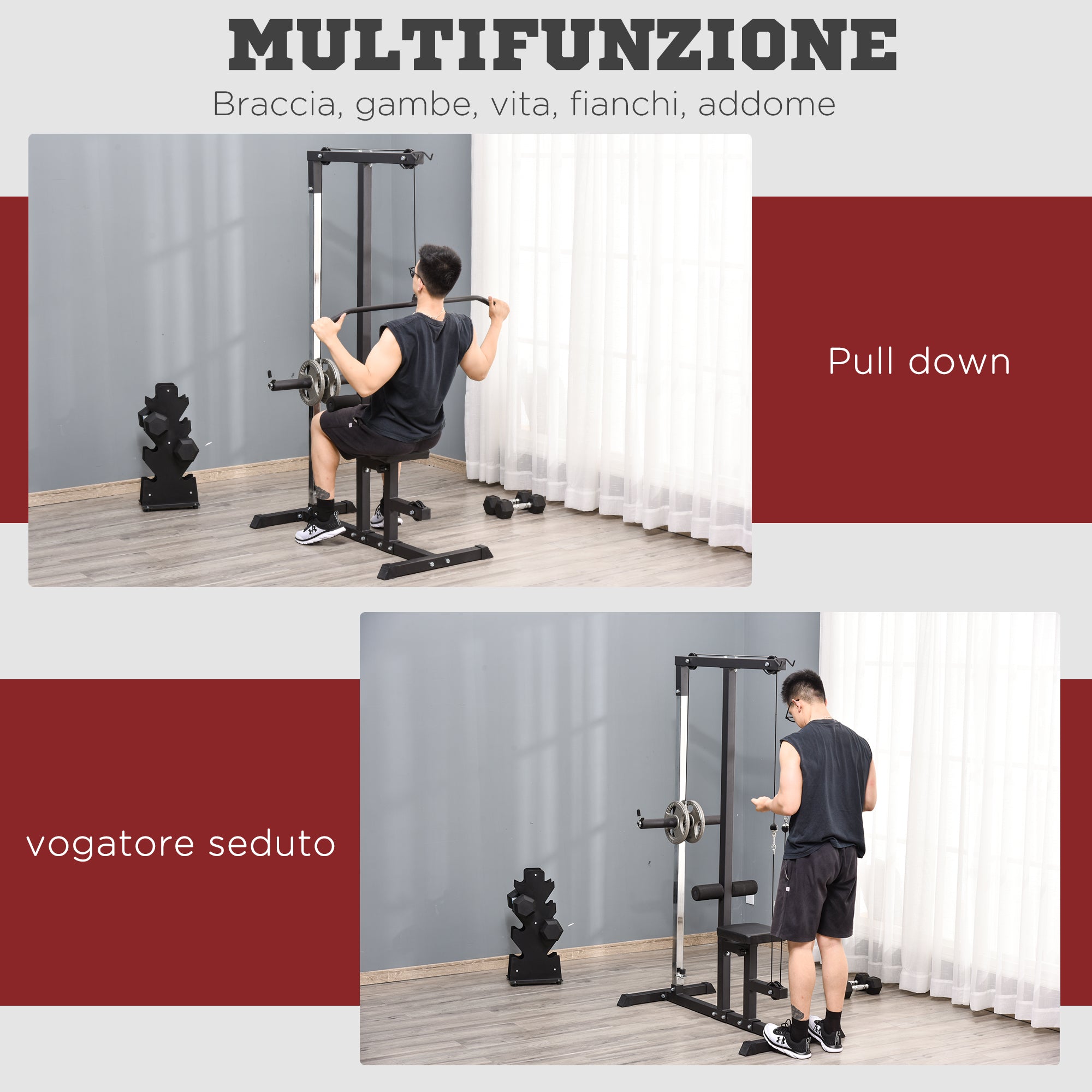 Fitness Pull Down Station for gym in the house with bench and adjustable cable - black - Borge' Group Limited