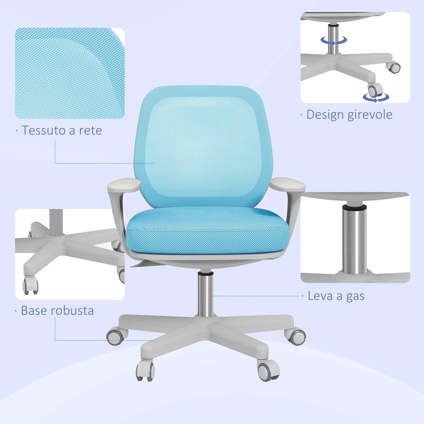 Ergonomic office chair and reclining at adjustable height with 5 wheels, 55x48x82.5-94.5 cm, light blue - Borgè