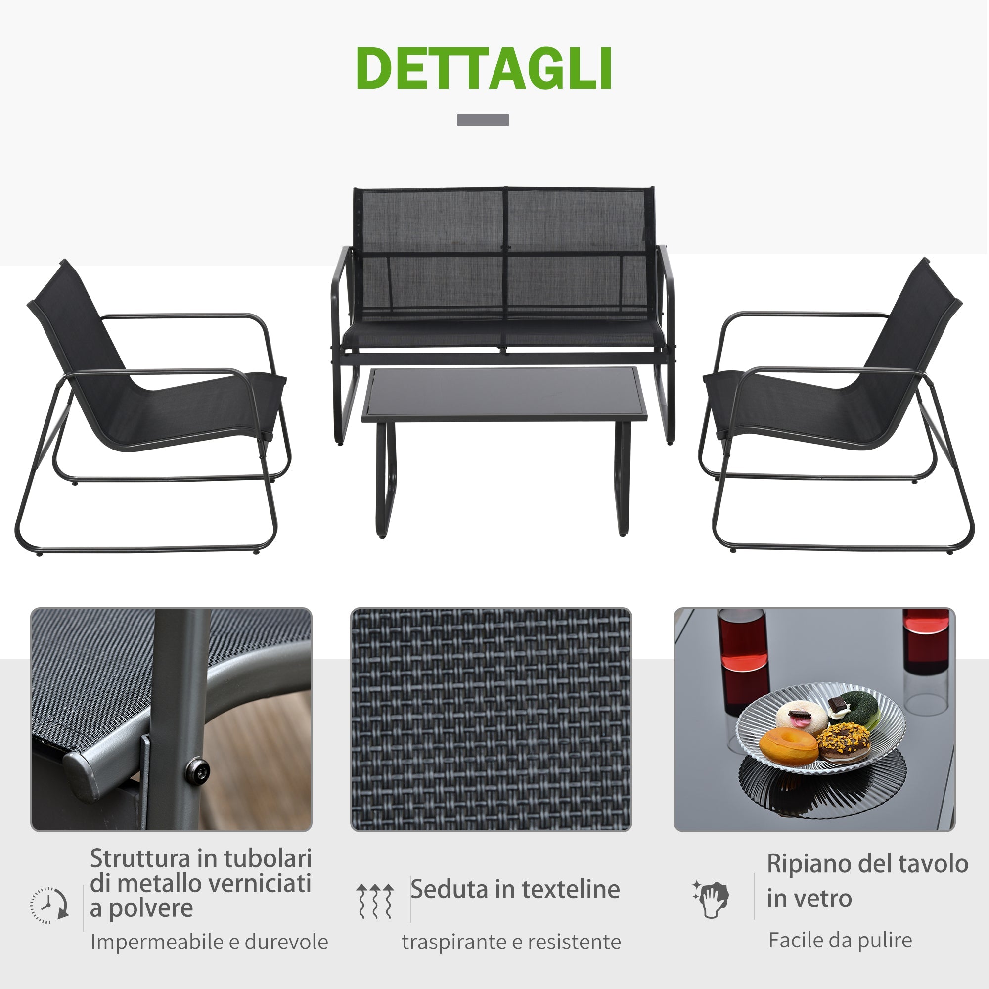 PUPI - Set of Table with Bench and 2 Garden Chairs, Outdoor Furniture in Metal and Texteline, Black - Borge' Group Limited