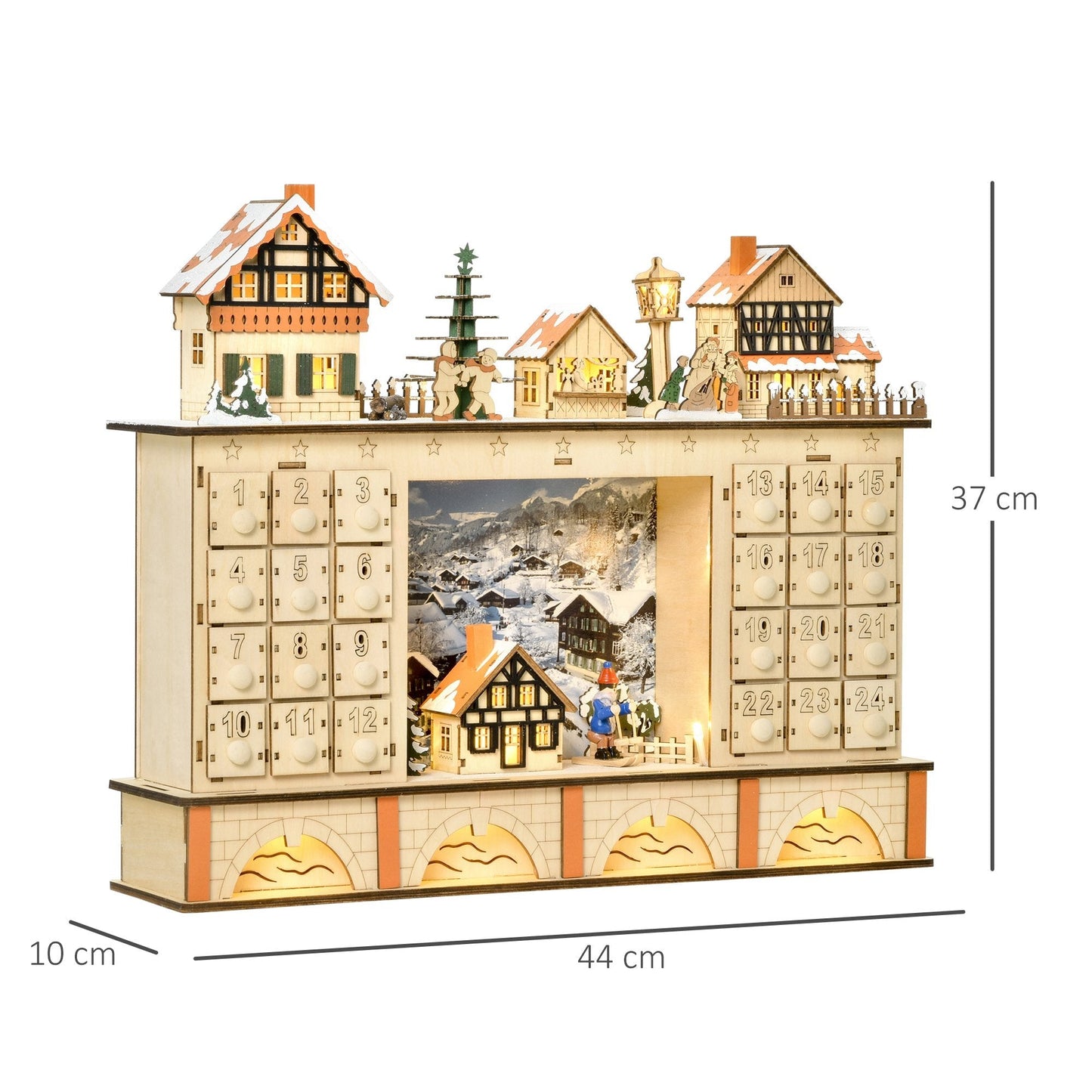 Wooden Advent calendar with 24 drawers decoration with Christmas village and lights, 44x10x37cm - wood - Borgè