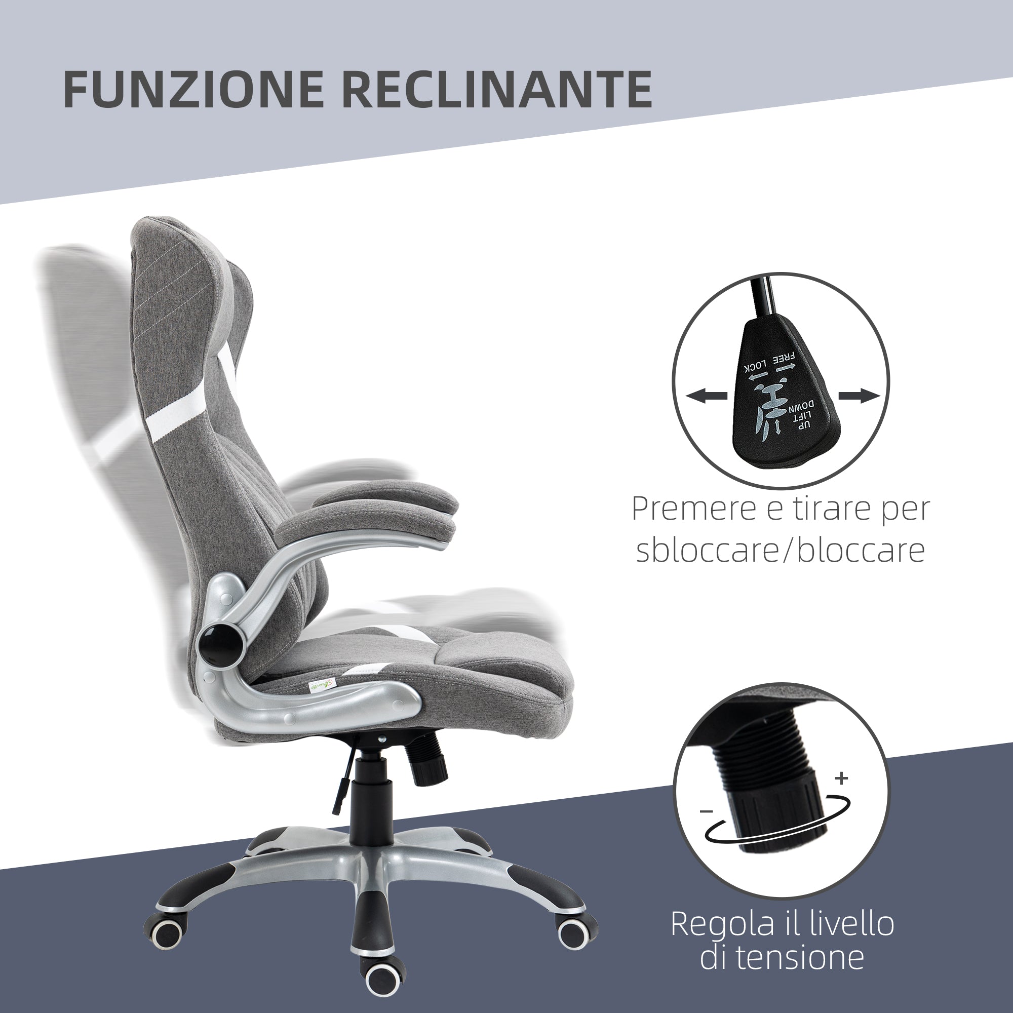 Vicetto office chair reclining in breathable fabric and steel with adjustable height, 68x76x109-117 cm - Borgè