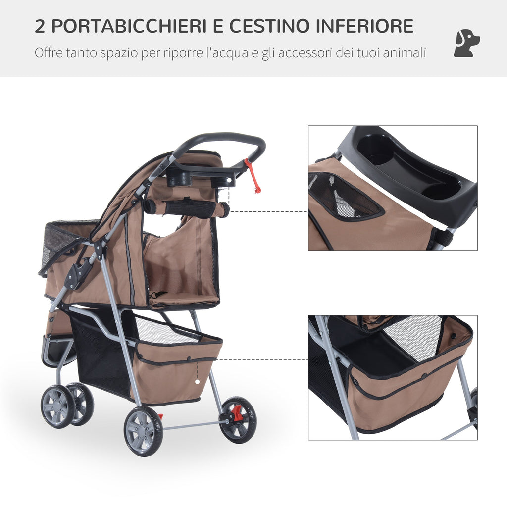 Folding Dog Stroller for Small Dogs, Dog Pushchair with Braked Wheels, Cup Holder, Storage Basket and Removable and Washable Padding, for Pets up to 10 kg, Coffee - Borge' Group Limited