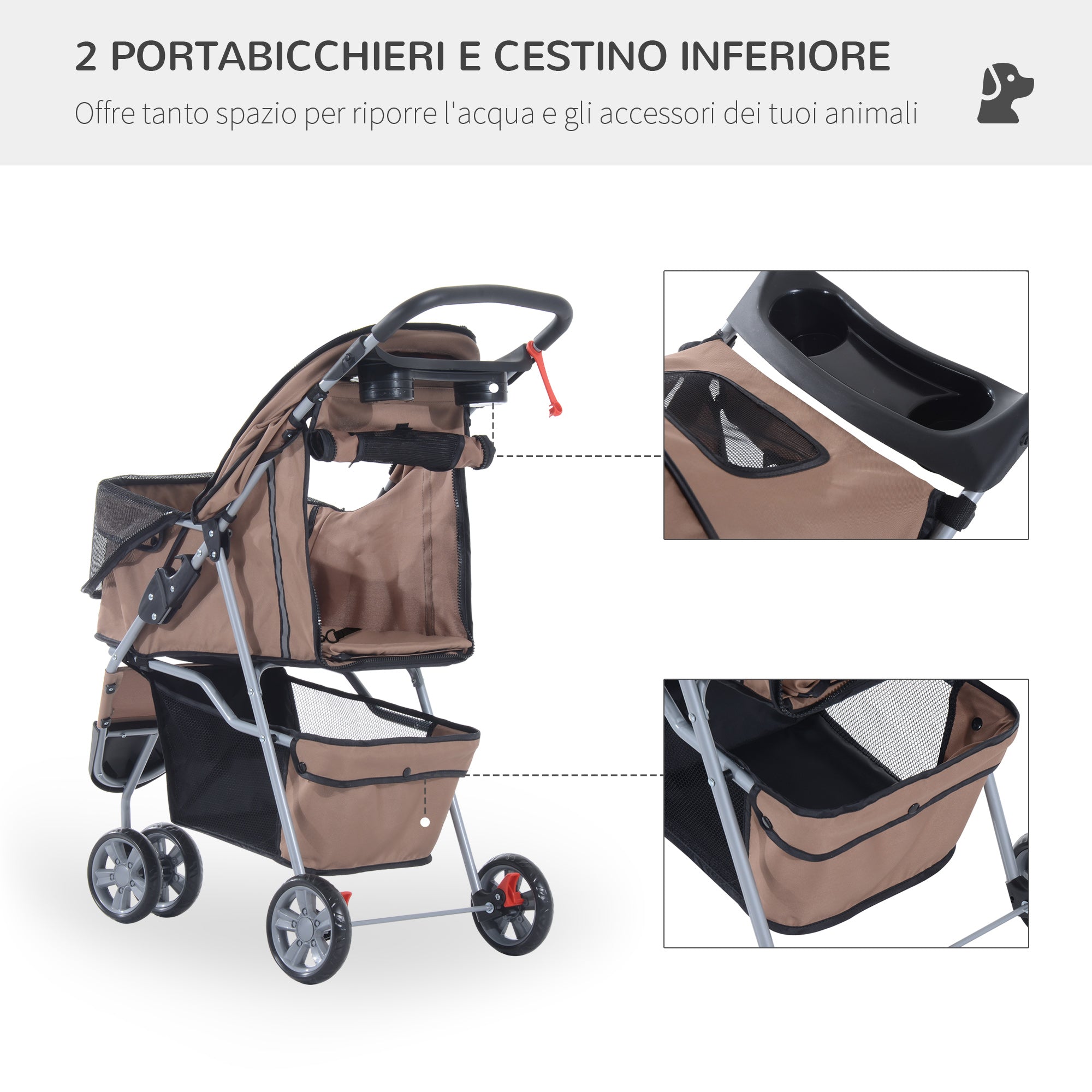 Folding Dog Stroller for Small Dogs, Dog Pushchair with Braked Wheels, Cup Holder, Storage Basket and Removable and Washable Padding, for Pets up to 10 kg, Coffee - Borge' Group Limited