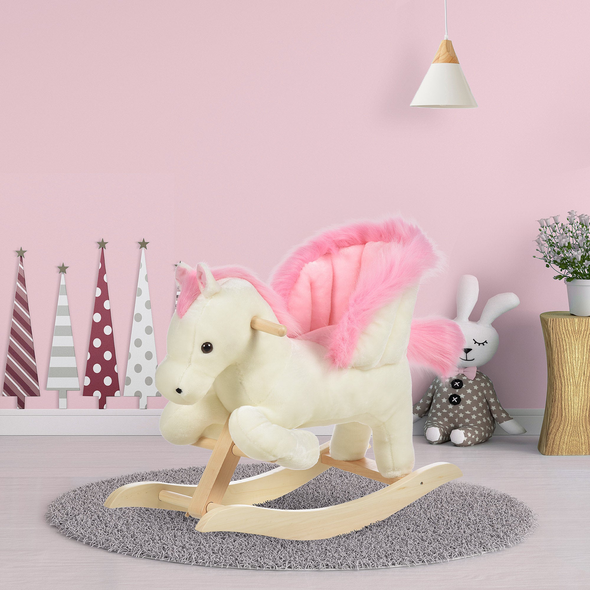 White and Pink Rocking Horse with Sounds and Poplar Wood Structure for Children 18-36 Months, 70x28x57cm - Borgè