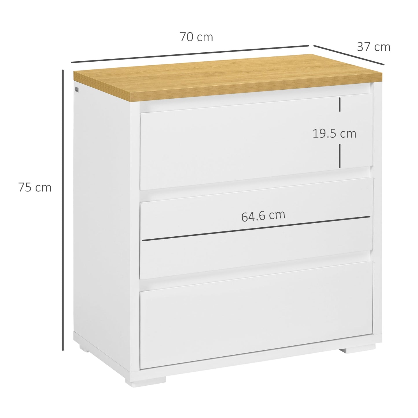 Homcom 3 -drawer chest of drawers in white chipboard for bedroom, study and living room, 70x37x75cm