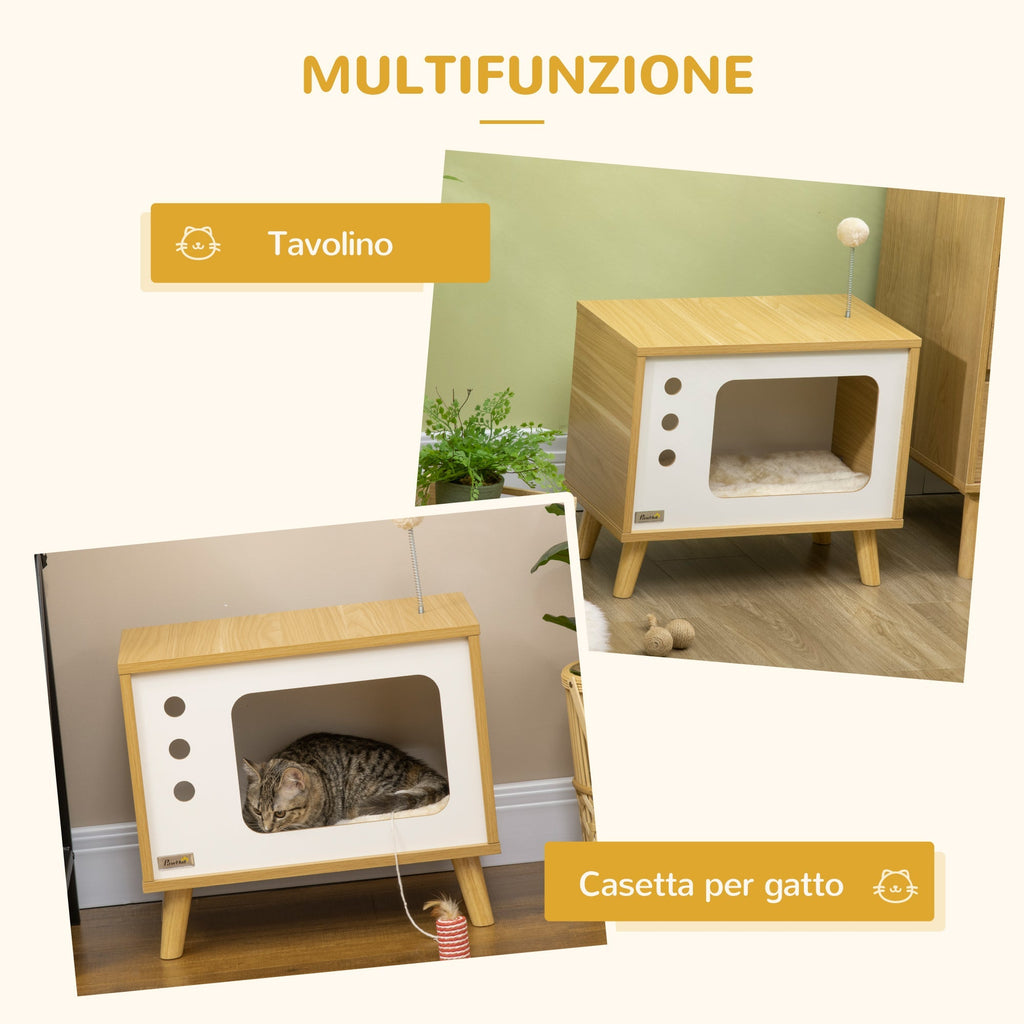 Chipboard Cat House in the Shape of a TV with Cushion and Toy Ball, 50x28x43 cm - Borge' Group Limited