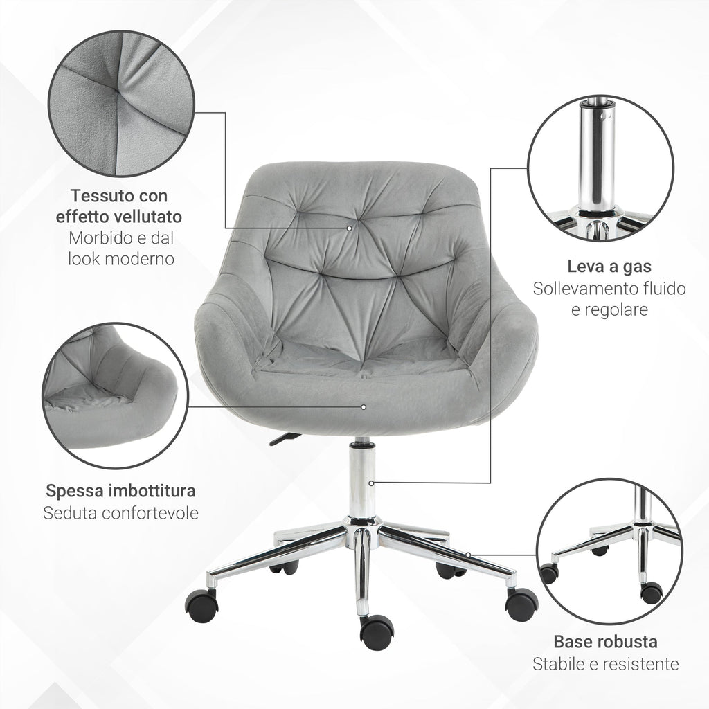 Vicetto swivel ergonomic office chair with adjustable height and wheels, velvet coating - Grey - Borgè
