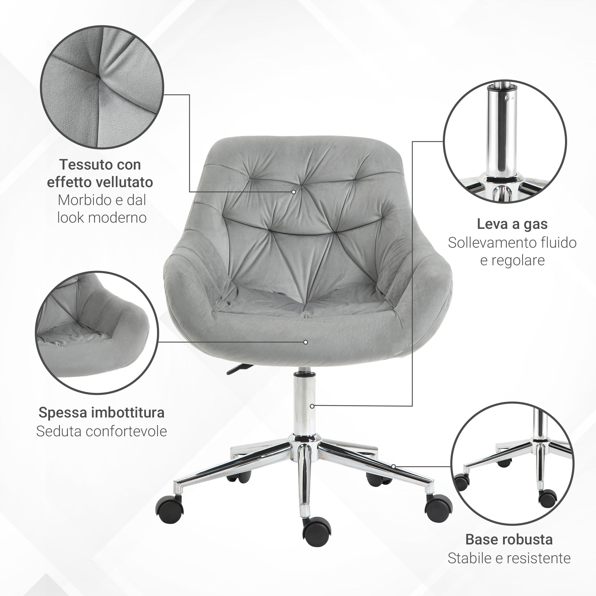 Vicetto swivel ergonomic office chair with adjustable height and wheels, velvet coating - Grey - Borgè