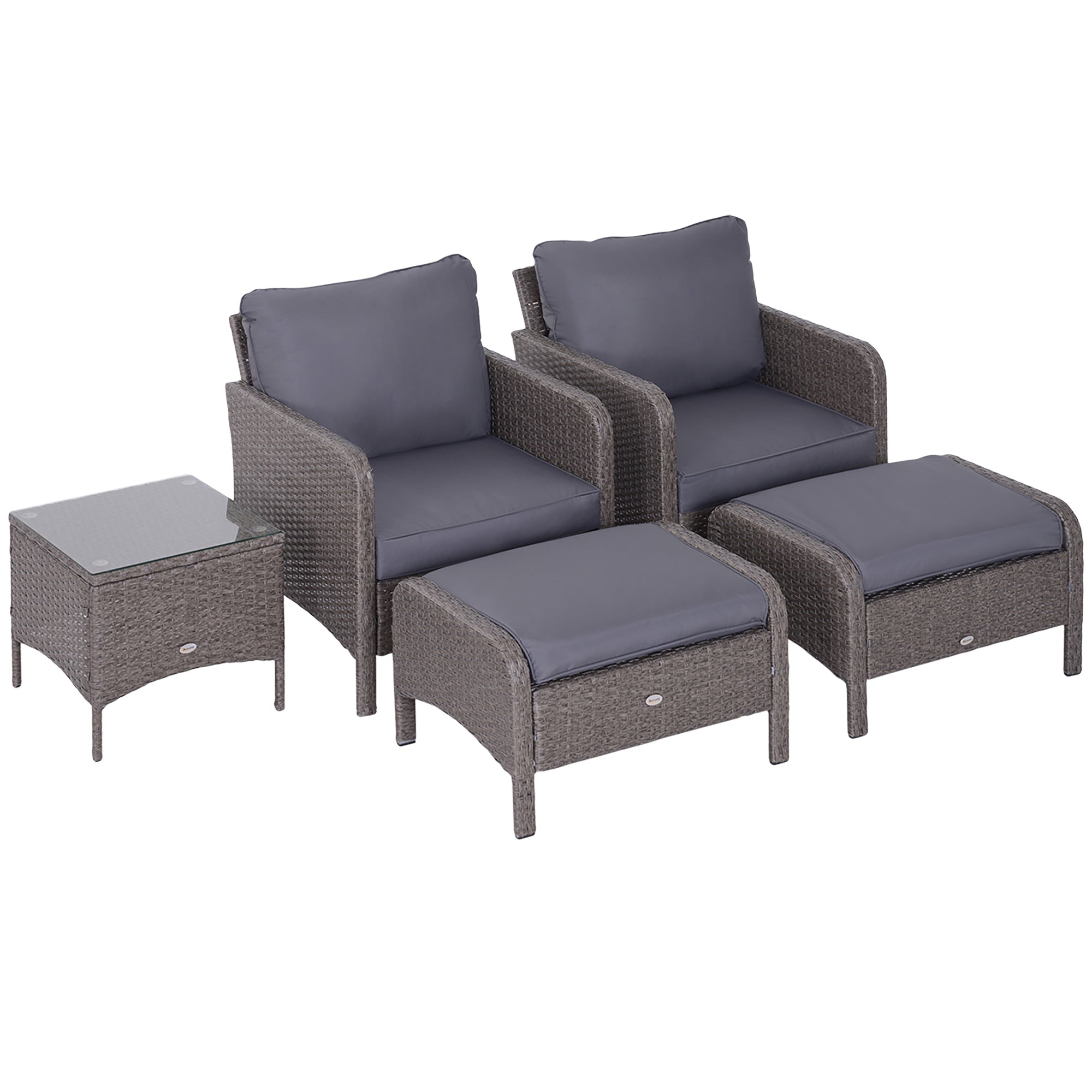 Garden Furniture Set 2 Armchairs 2 Footstools 1 Coffee Table in Tempered Glass Rattan Grey - Borge' Group Limited