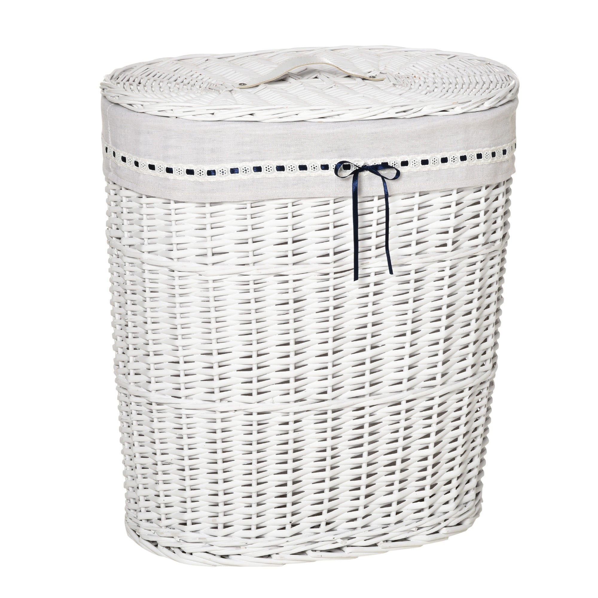 Cesto Boarder holder in wicker with lid and internal sack in washable fabric, white - Borgè