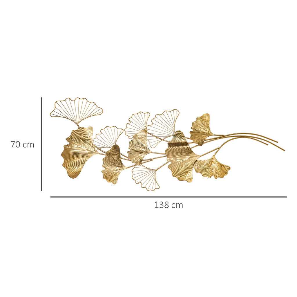 Homcom 3D Metal Wall Decoration, Golden Wall Art with Ginkgo 138x70cm leaves - Borgè