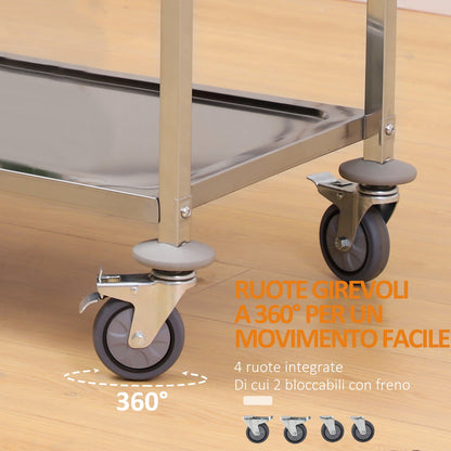 Homcom Kitchen Trolley 3 Open shelves 4 Omnidirectional wheels with 2 brakes anti-collision pads in stainless steel 430 silver 85x45x90cm - Borgè