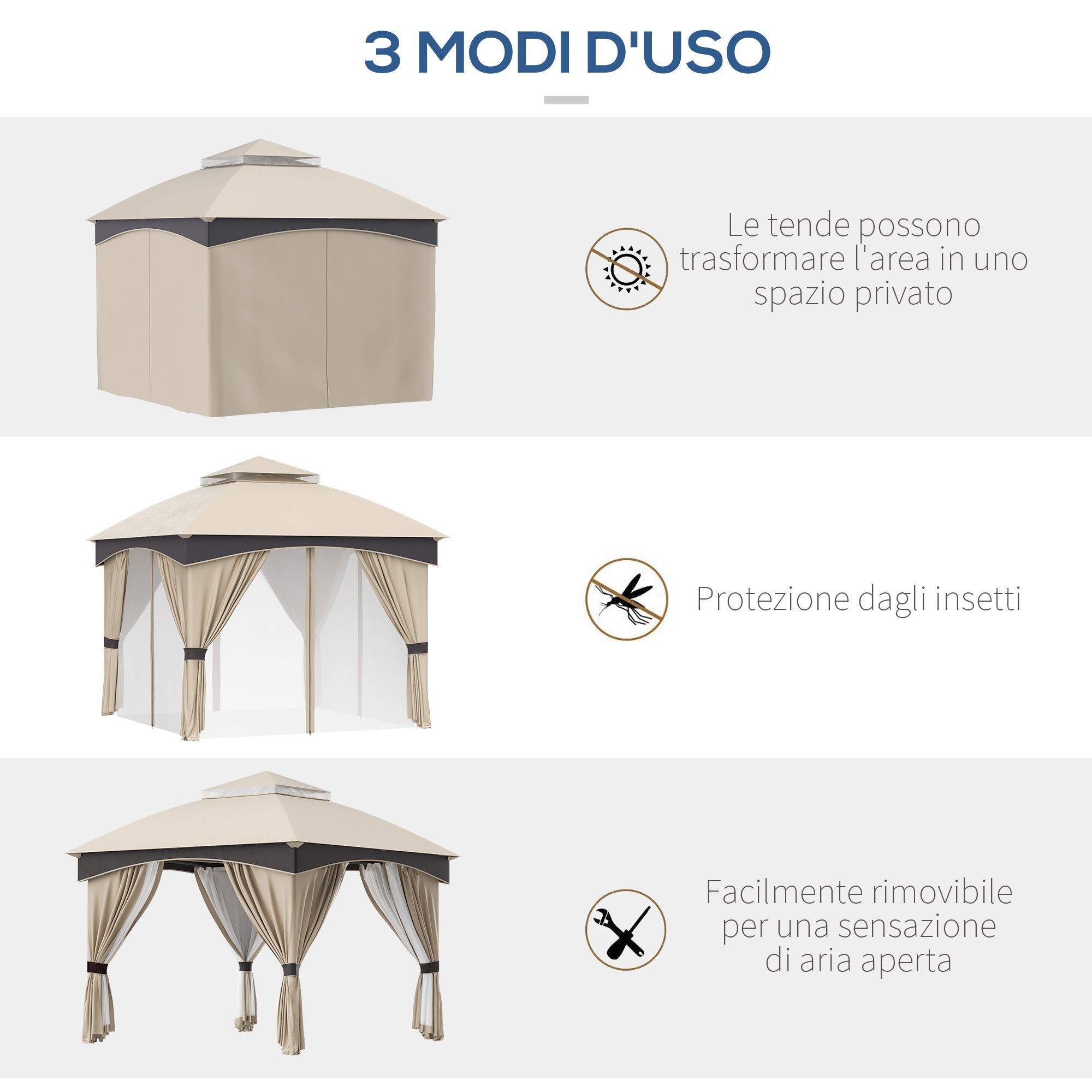 3x3m Steel Garden Gazebo with Double Roof and Curtains, Beige and Grey - Borge' Group Limited
