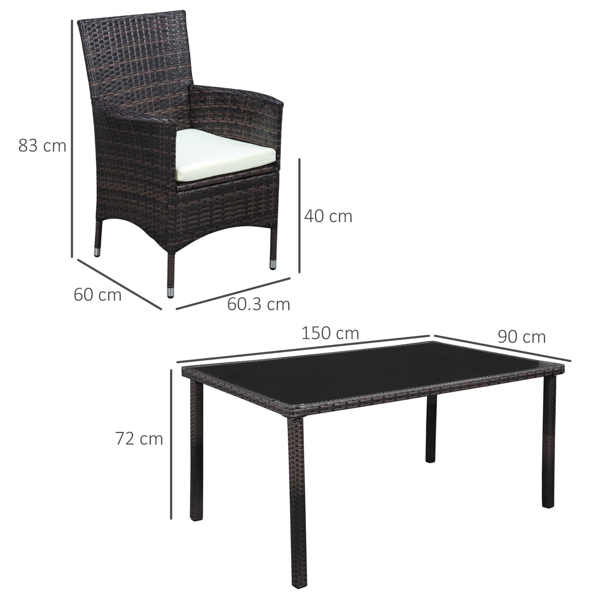 Outsunny garden furniture set 5 pieces in rattan, 4 chairs and 1 table with tempered glass top - Borgè