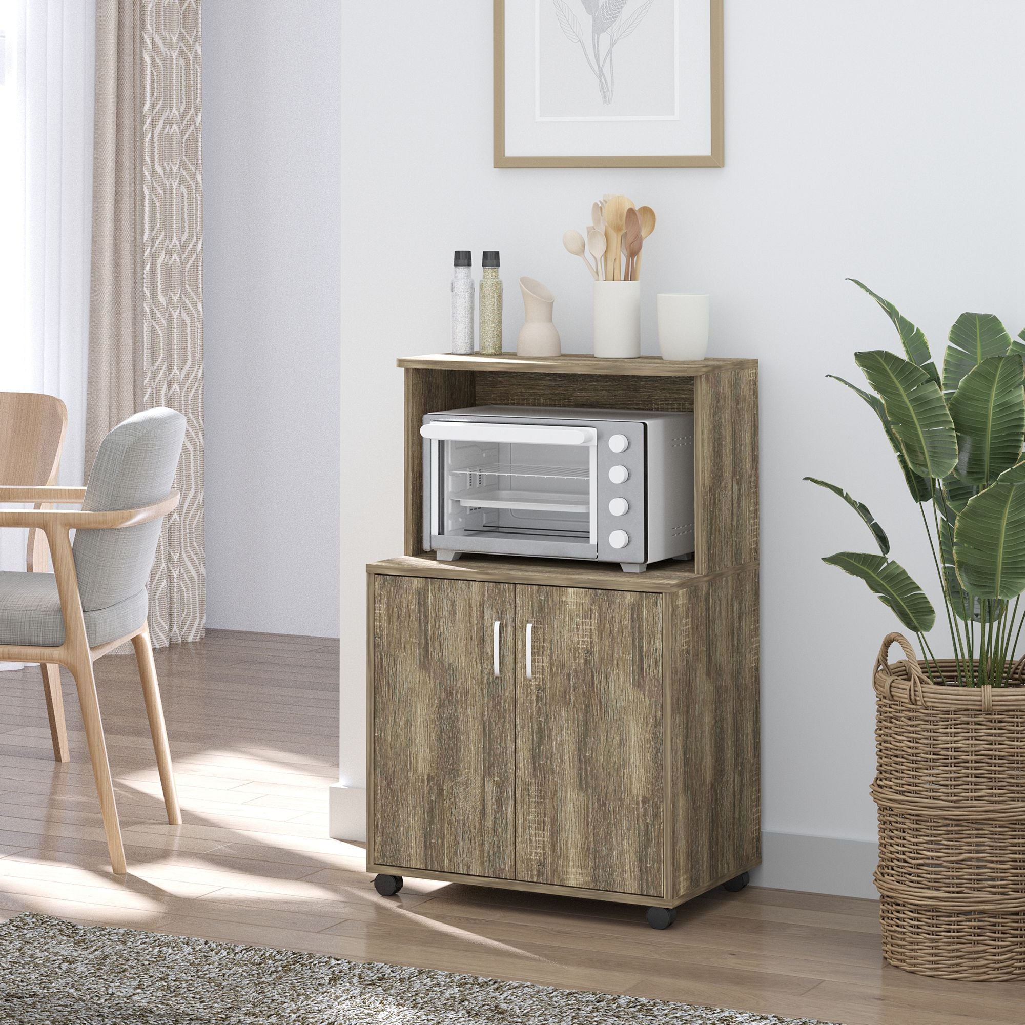 Miglio Multiuse kitchen with 4 wheels, locker and microwave shelf, 60.4x40.3x97cm - wood - Borgè