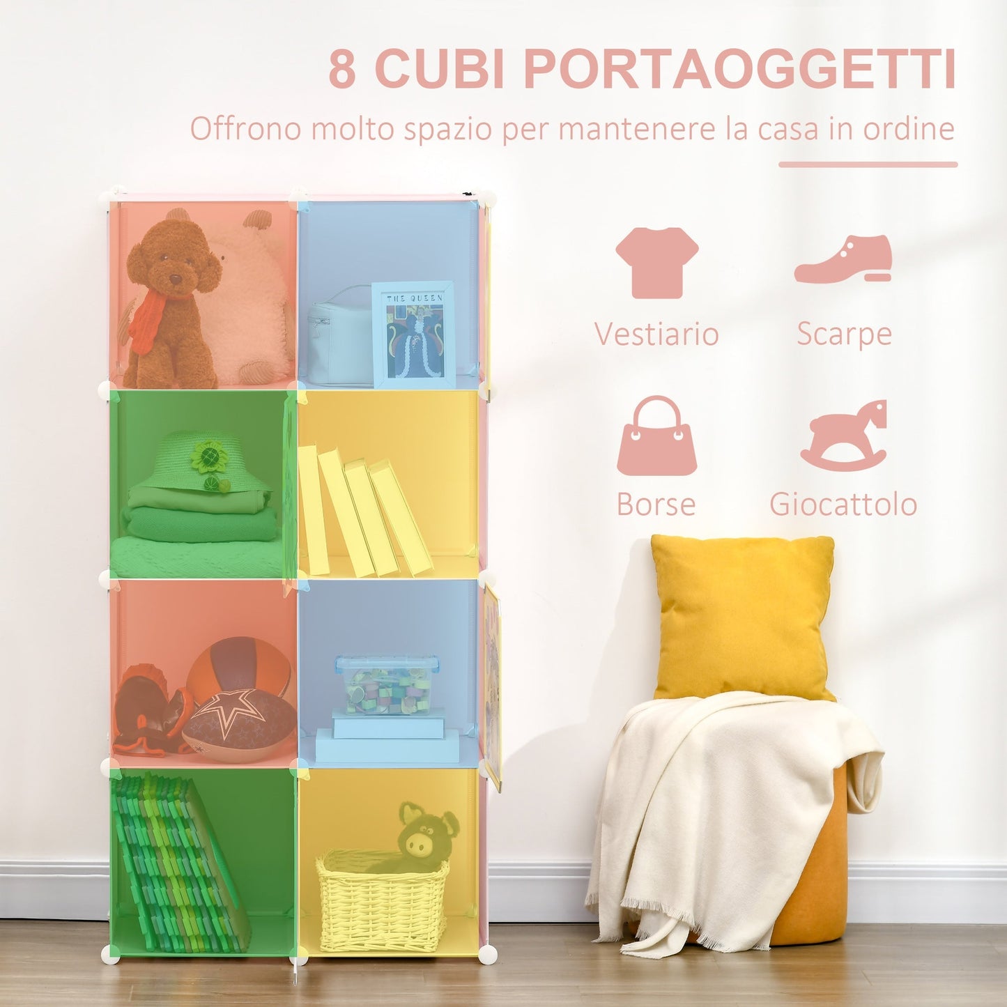 Mobile Mobile Modular Space Modular With Interior Animal Drawings, 8 cubes 35x45x35cm Plastic PP and steel, 74x47x144cm, Rosa - Borgè