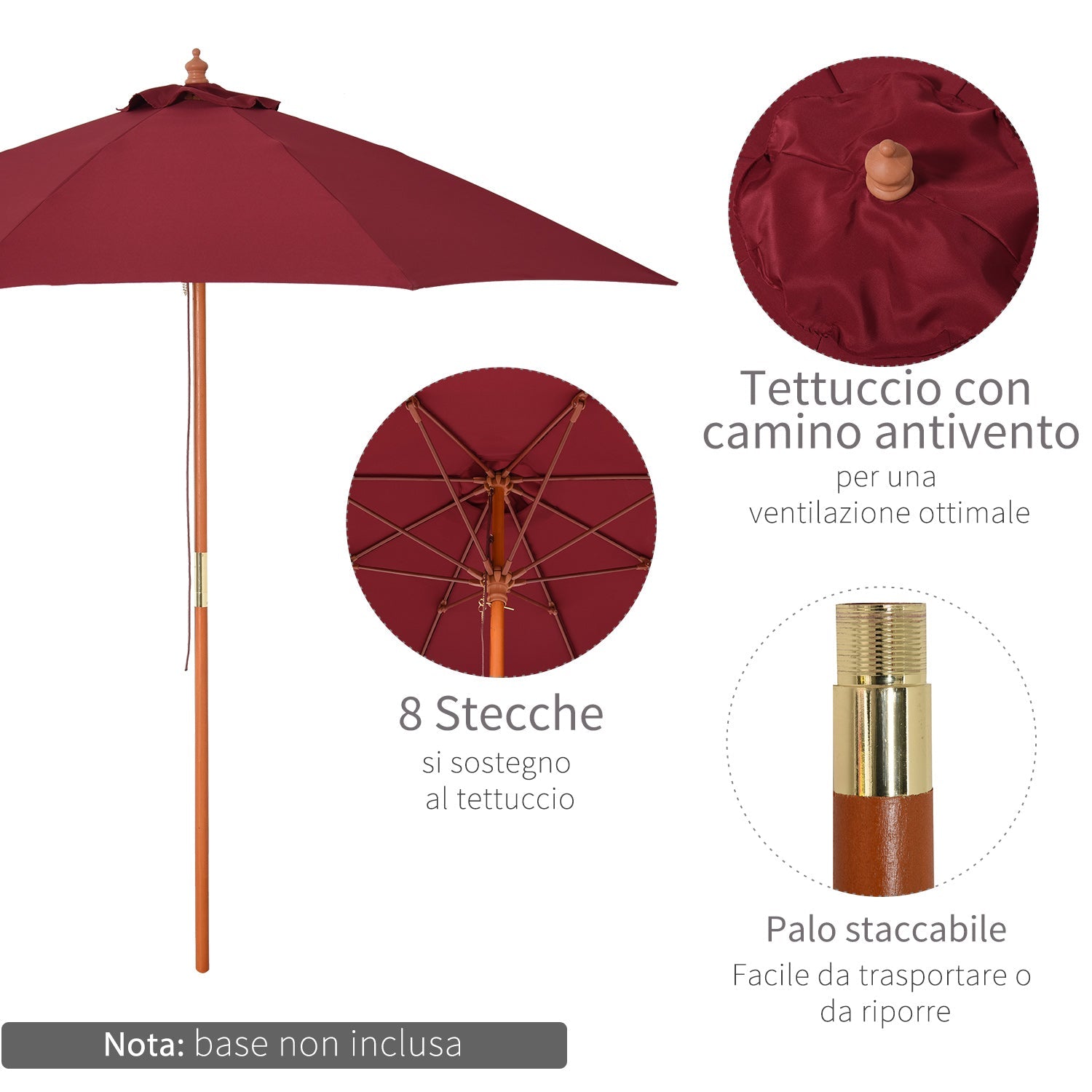 Outsunny garden umbrella with windproof in red polyester and wooden pole φ257x253cm - Borgè