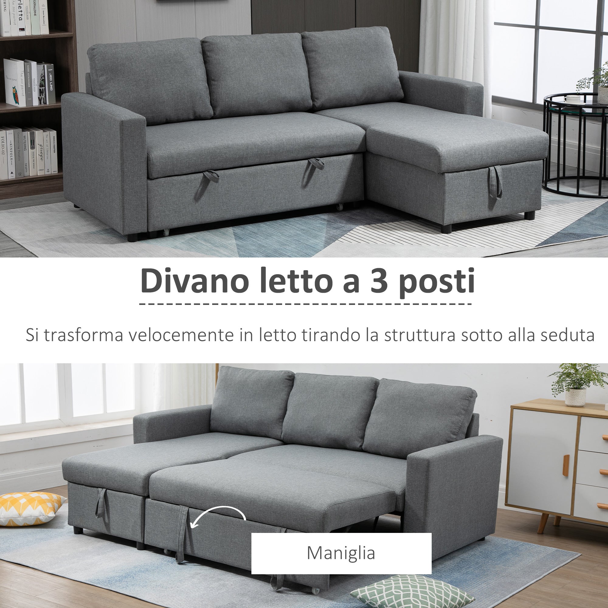 sofa bed 3 seats and peninsula with container, linen effect fabric covering, 211.5x146x85cm - Borgè