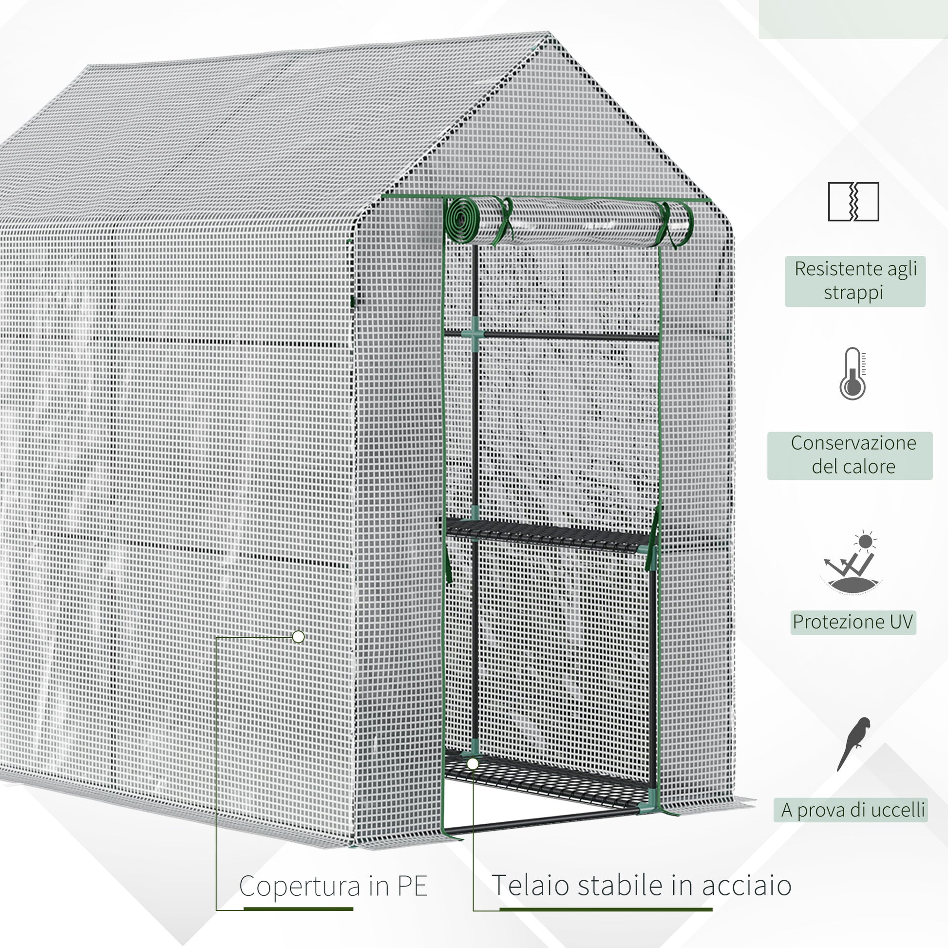 Outsunny greenhouse with house with pear cover, zipper door and 4 shelves, 186x120x190cm, white - Borgè