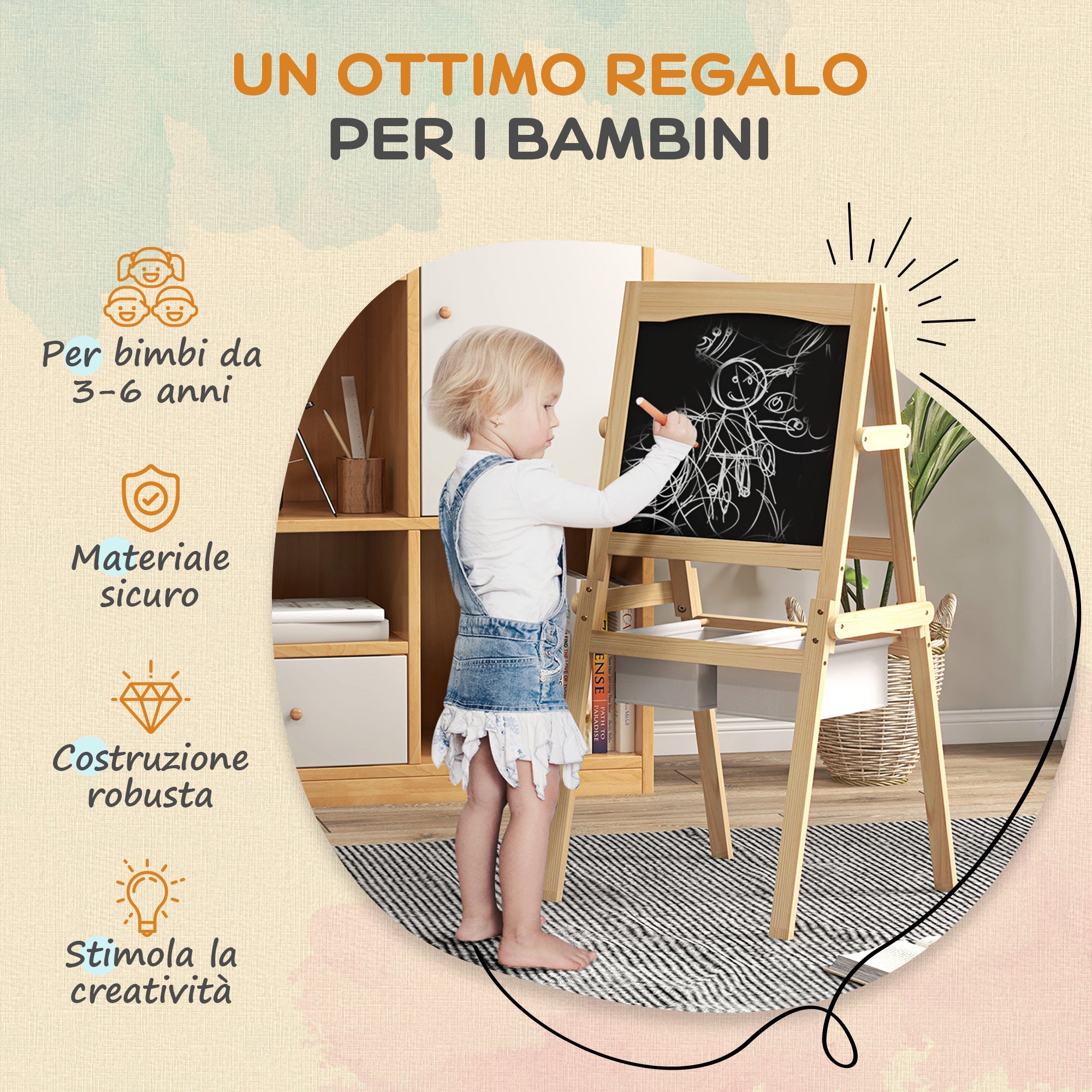 Aiyaplay blackboard for children with easel 3 in 1 and baskets, age 3-6 years, 58x50.5x109cm, wood color - Borgè