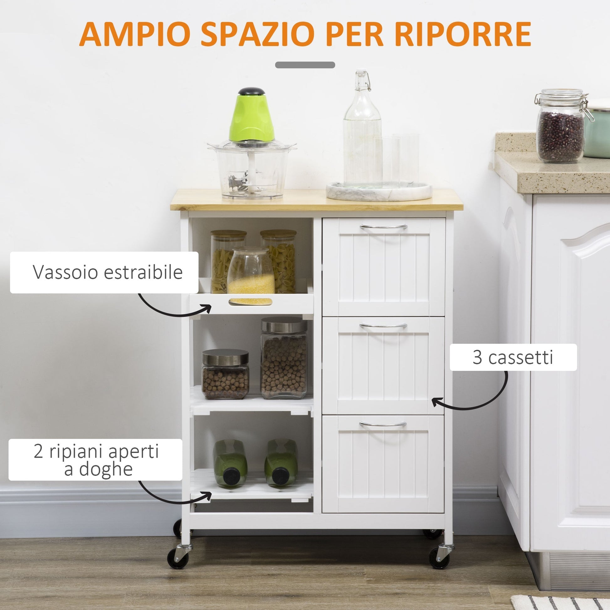 kitchen trolley with 3 drawers, 2 open shelves and removable tray, in mdf and pine wood, 67x37x84 cm - Borgè