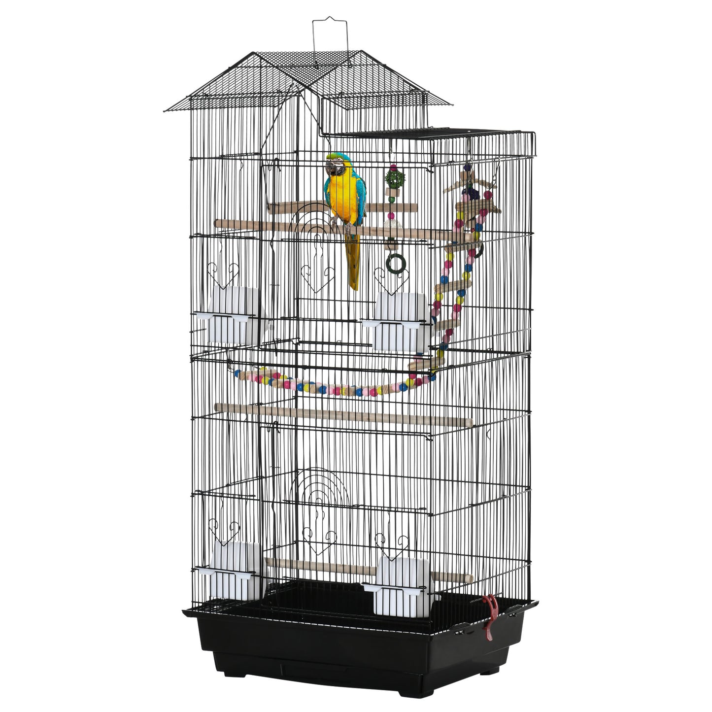 Pawhut bird cage with ladder, swing, bowls and games, in steel, pp and wood, 46x36x100 cm, black - Borgè