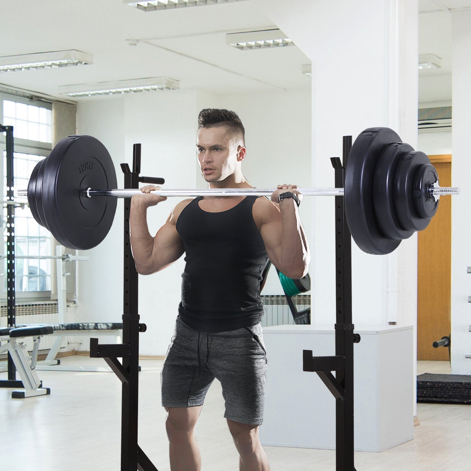 70kg Barbell and Disc Set, 8 Plastic Coated Weight Discs and Iron Bar, 170x40.5x40.5cm Black - Borge' Group Limited