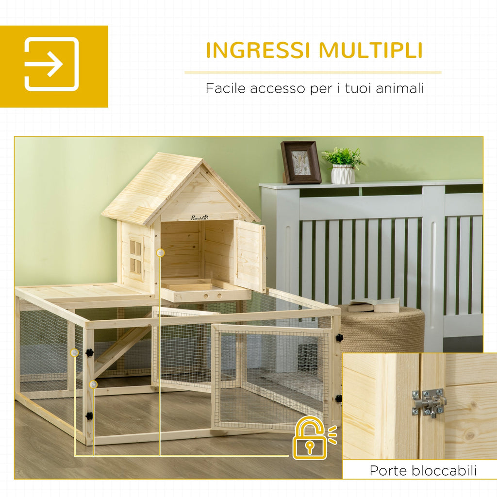 Indoor Rabbit Hutch in Fir Wood with Removable Tray, 3 Doors and Outdoor Area, 151.5x106x97 cm - Borge' Group Limited