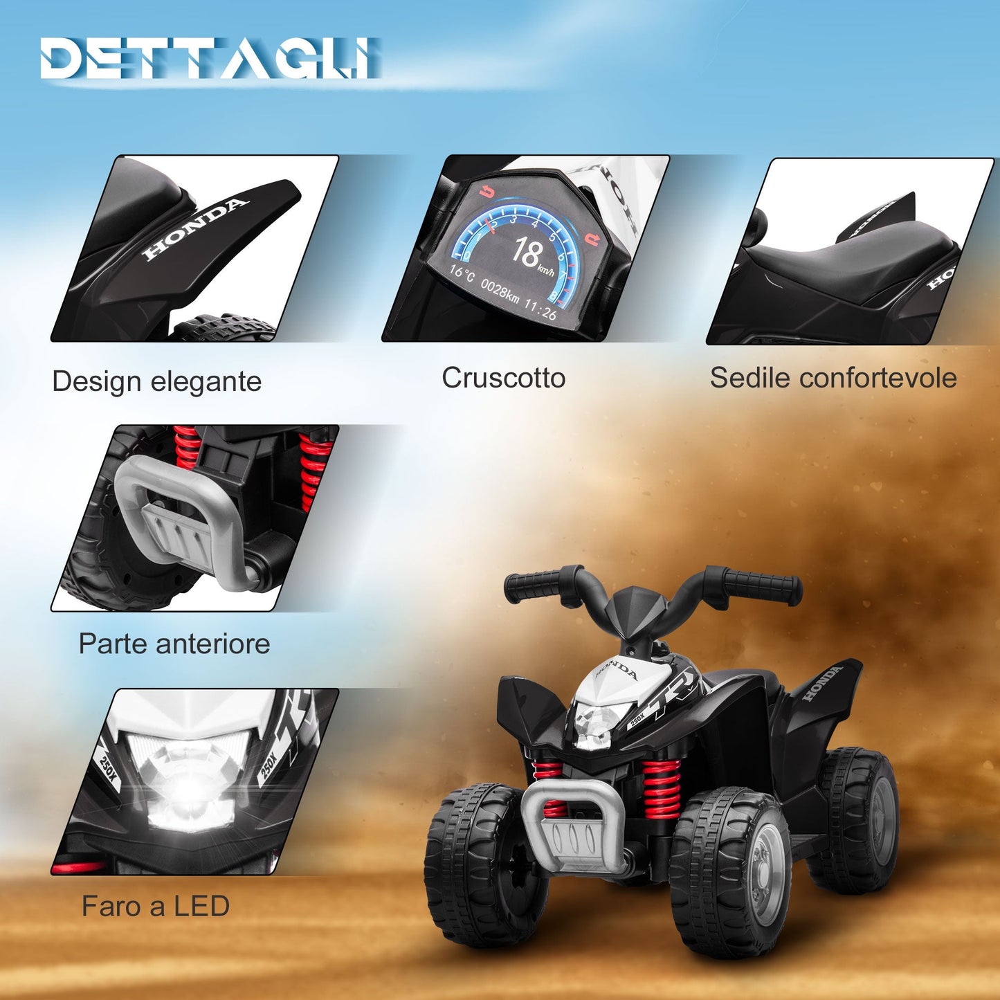 Black Quad Bike for Children 18-36 months with LED lights, Horn and Pedals | 65.5x38.5x43.5 cm - Borgè