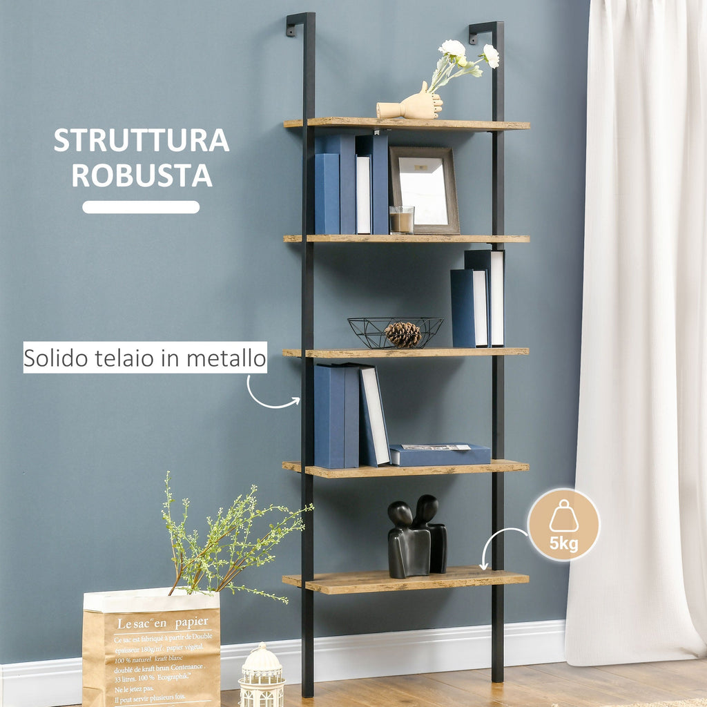 Homond bookcase in Scala with 5 shelves in industrial style in wood and metal, 60x30x184.5cm, brown - Borgè